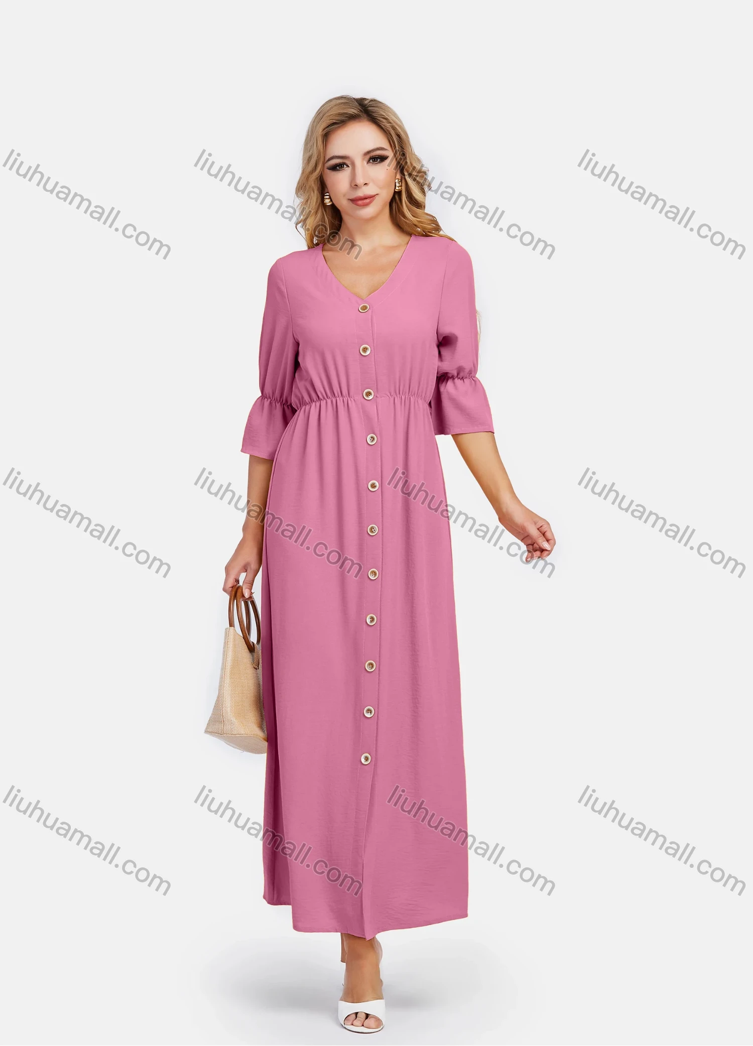 Wholesale Women's V Neck A-Line High Waist Button Front Poet Sleeve Maxi Dress - Liuhuamall
