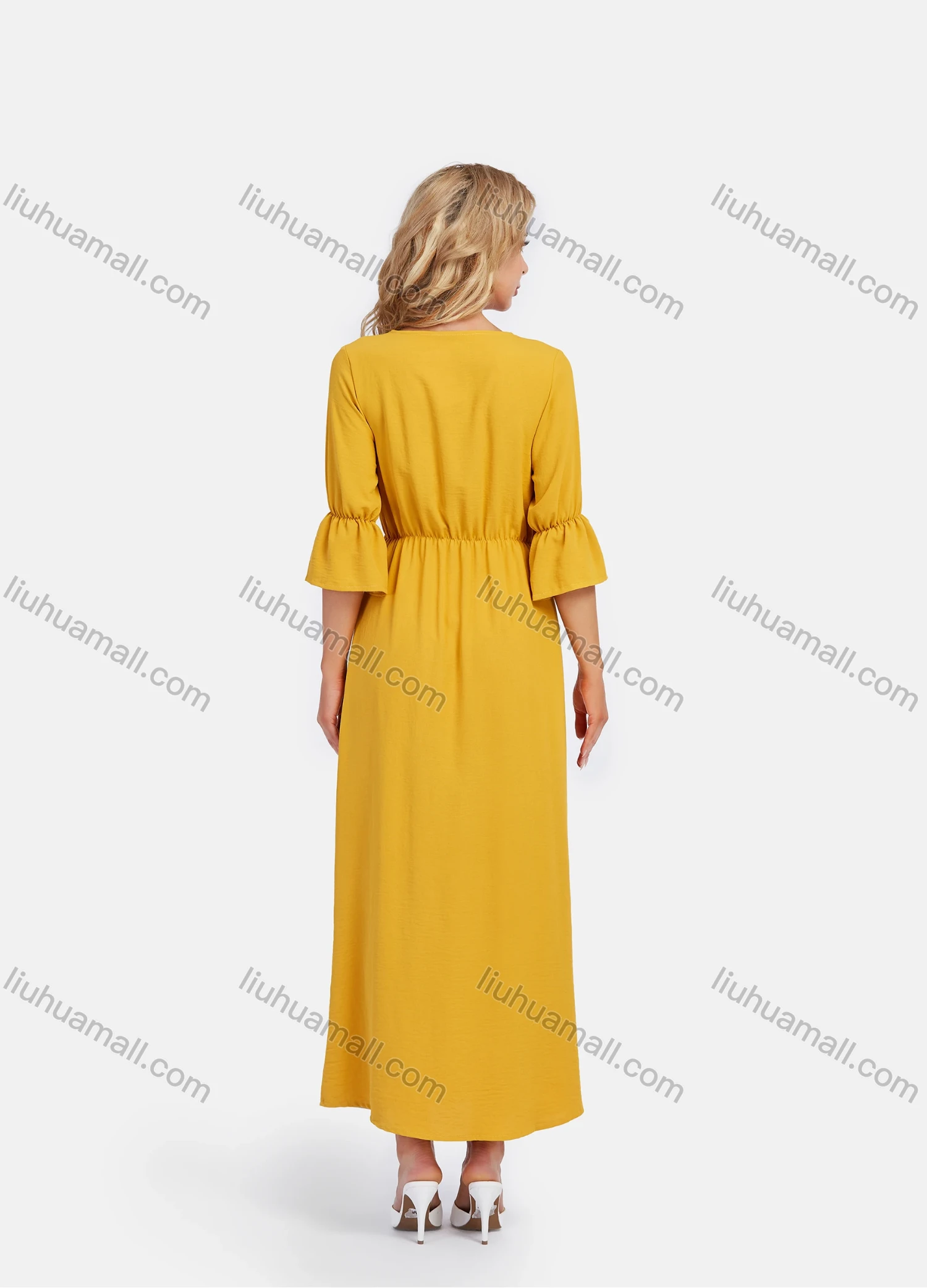 Wholesale Women's V Neck A-Line High Waist Button Front Poet Sleeve Maxi Dress - Liuhuamall