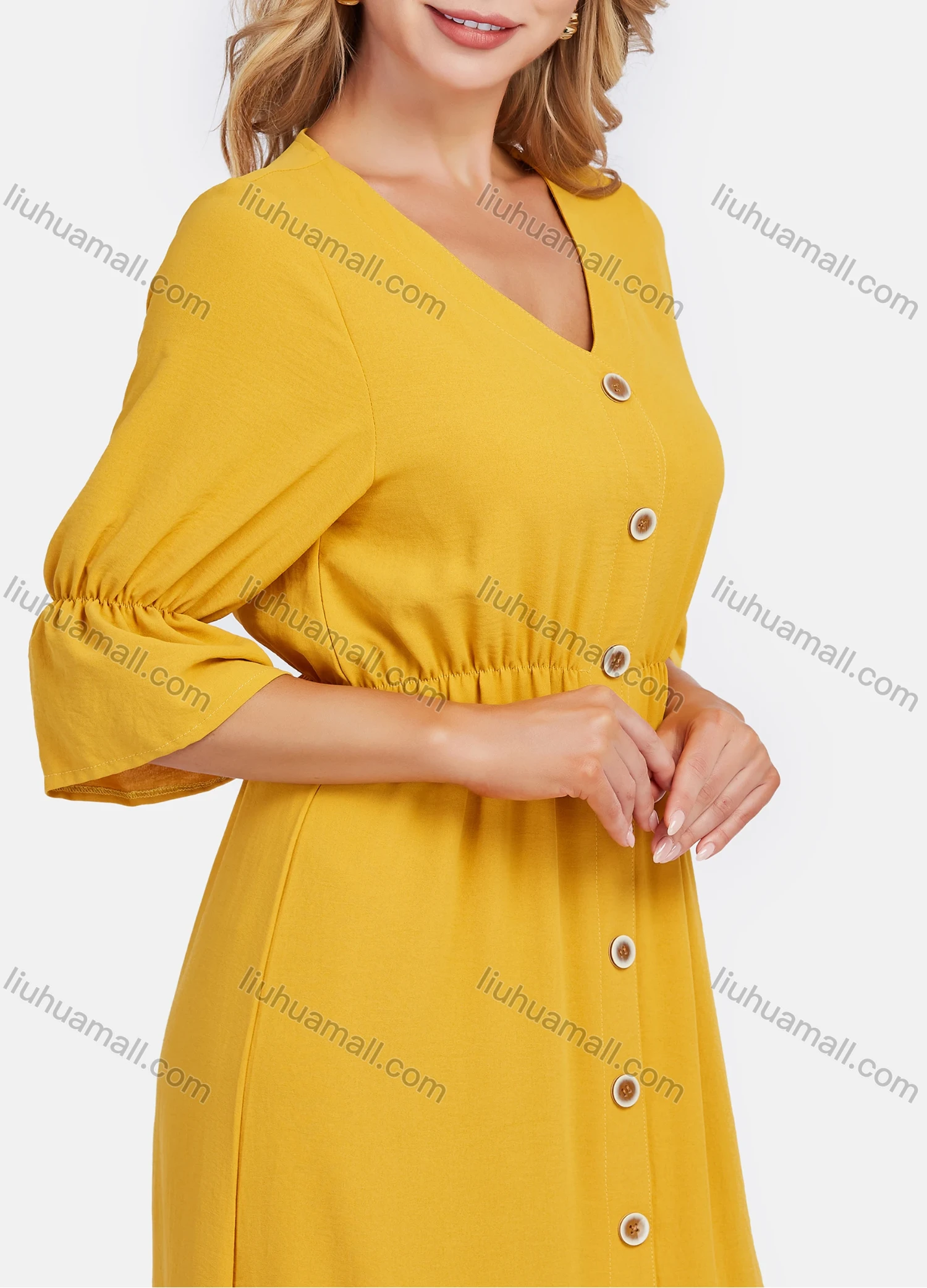 Wholesale Women's V Neck A-Line High Waist Button Front Poet Sleeve Maxi Dress - Liuhuamall