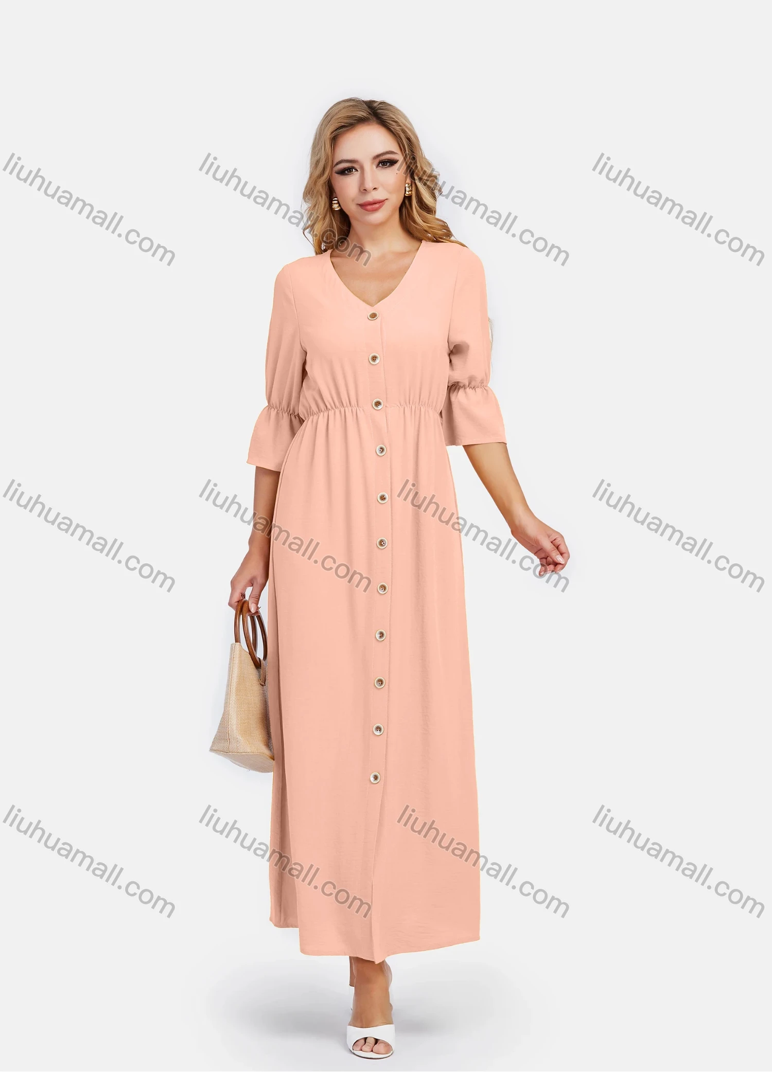 Wholesale Women's V Neck A-Line High Waist Button Front Poet Sleeve Maxi Dress - Liuhuamall