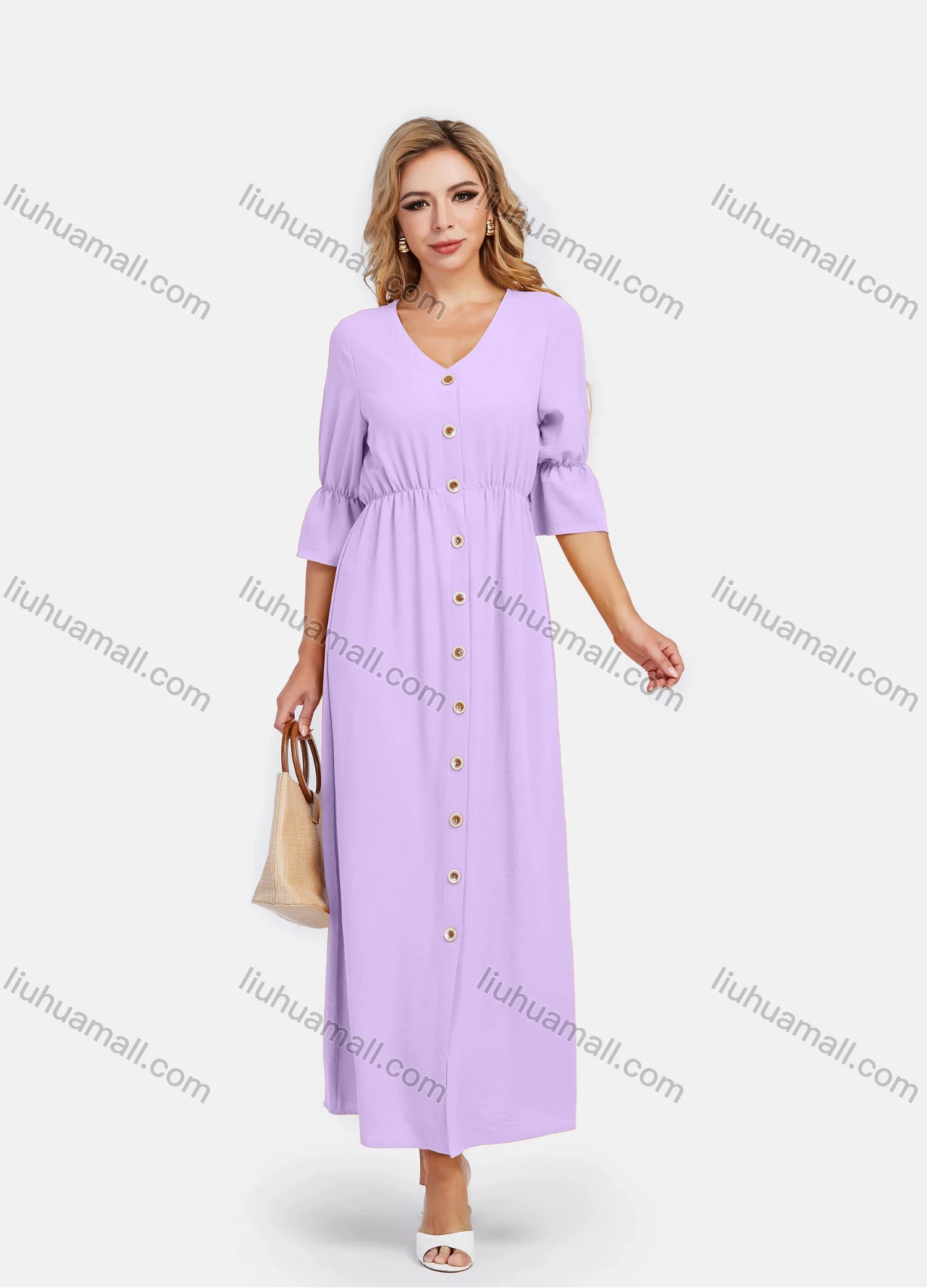 Wholesale Women's V Neck A-Line High Waist Button Front Poet Sleeve Maxi Dress - Liuhuamall