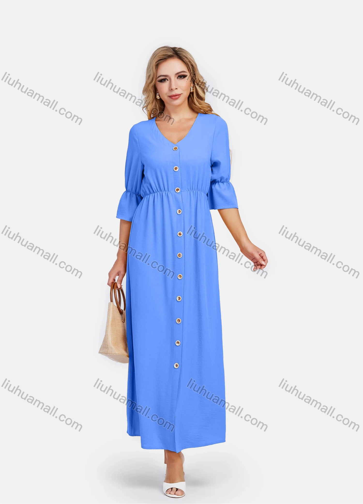 Wholesale Women's V Neck A-Line High Waist Button Front Poet Sleeve Maxi Dress - Liuhuamall