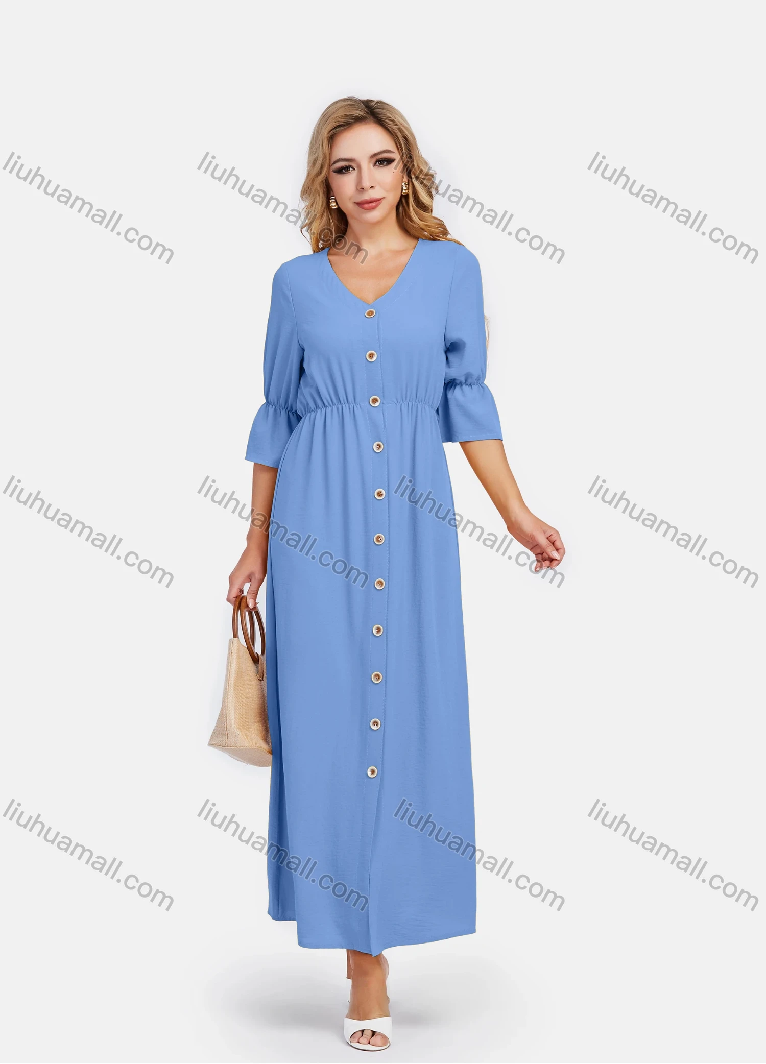 Wholesale Women's V Neck A-Line High Waist Button Front Poet Sleeve Maxi Dress - Liuhuamall