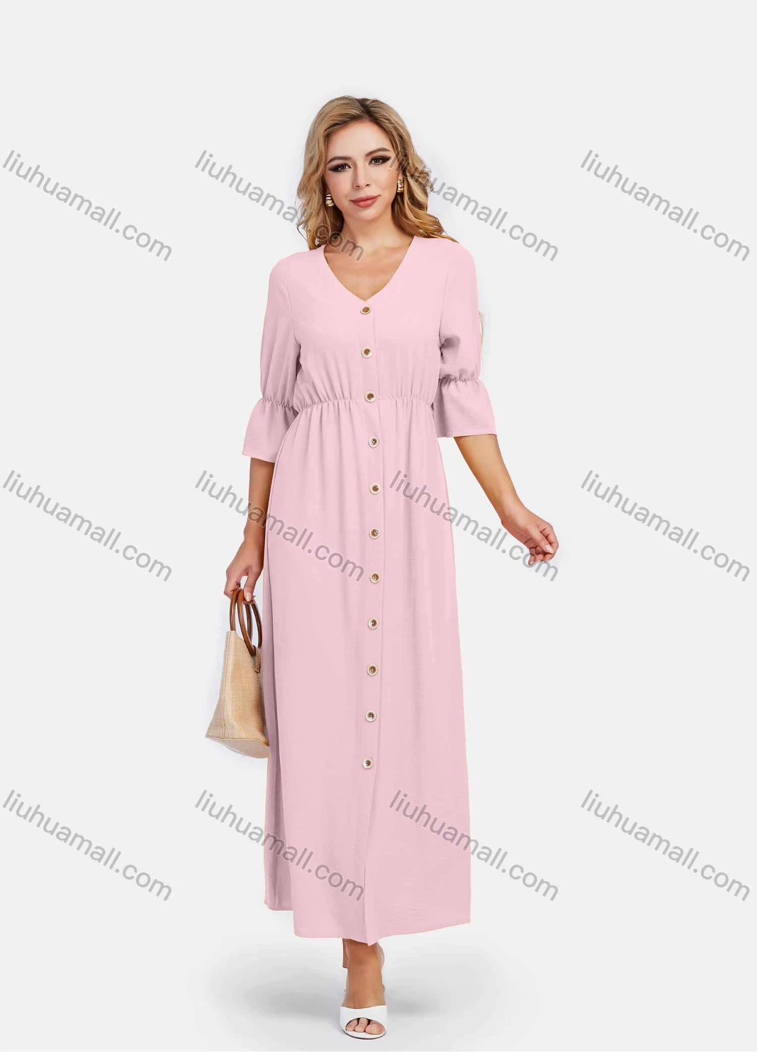 Wholesale Women's V Neck A-Line High Waist Button Front Poet Sleeve Maxi Dress - Liuhuamall