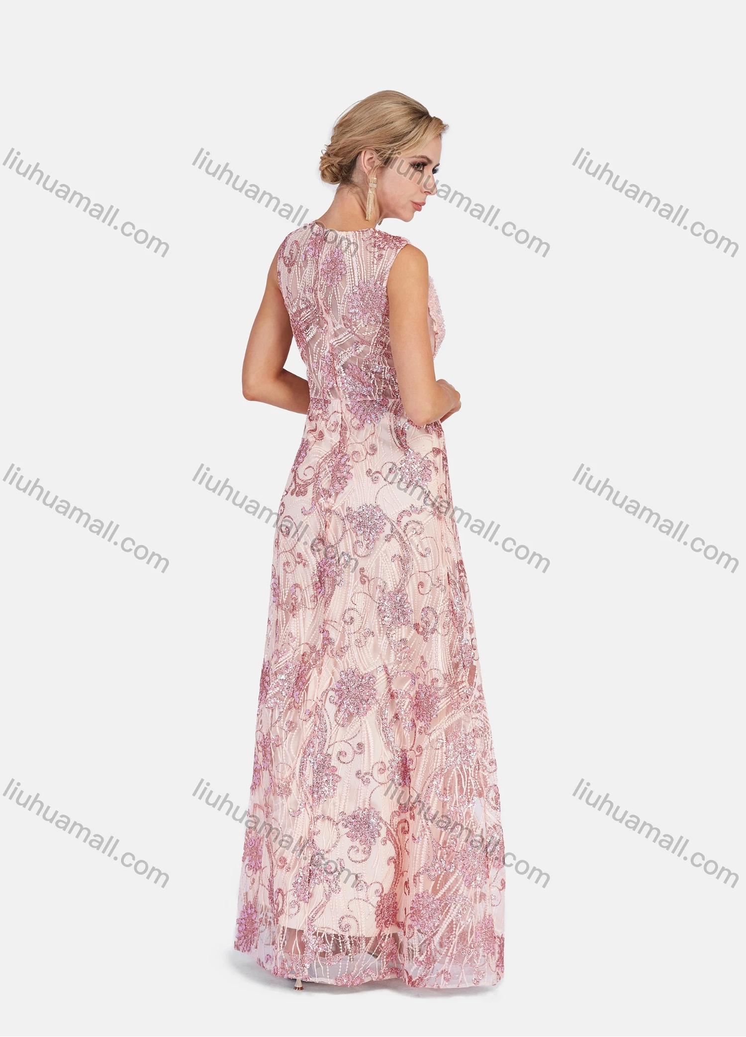 Wholesale Women's Sheer Lace Neck Sleeveless Lace Rhinestone Embroidery Maxi Evening Dress - Liuhuamall