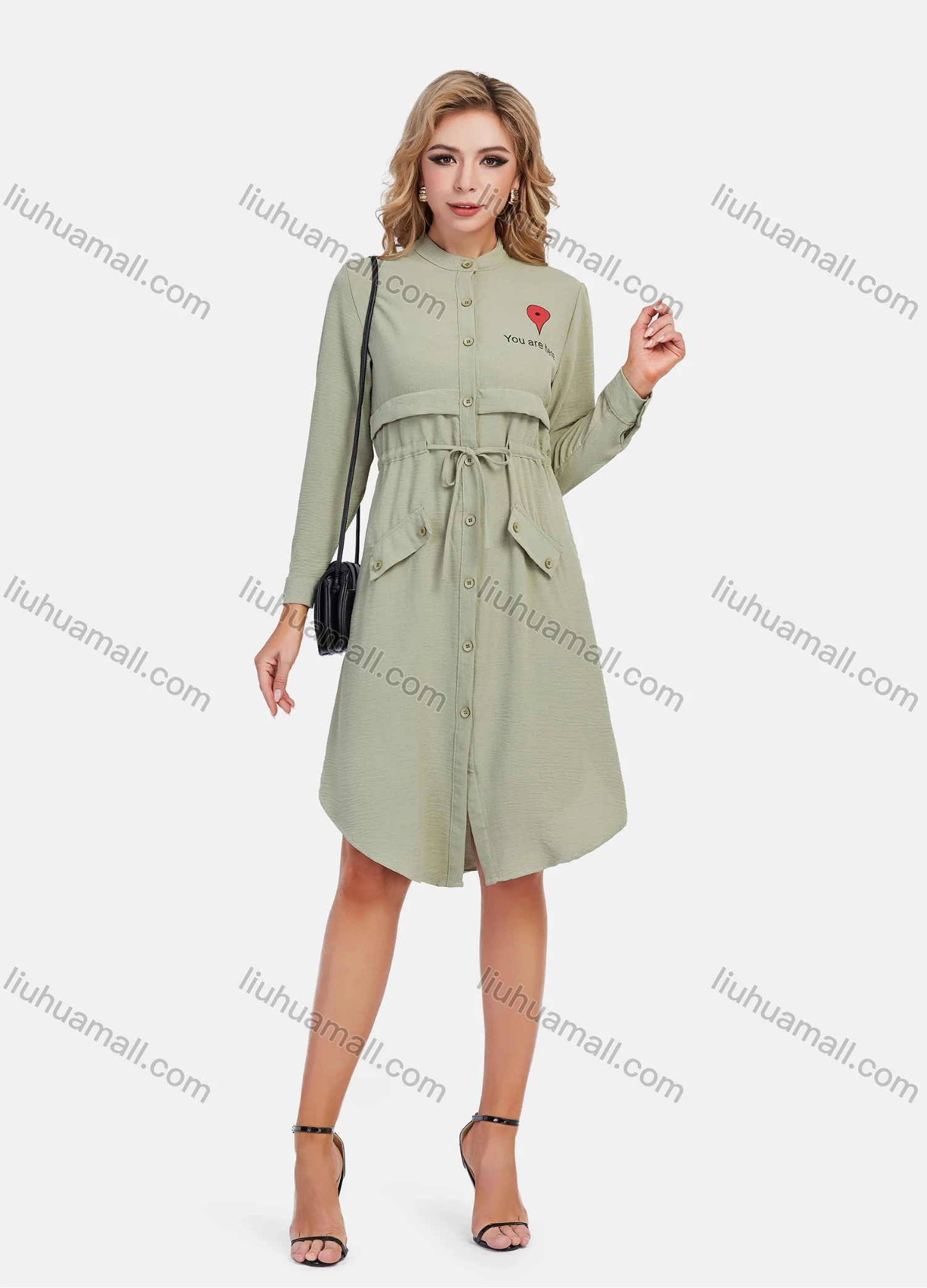 Wholesale Women's Casual Graphic A-Line Button Down Stand Collar Long Sleeve Short Shirt Dress With Belt - Liuhuamall