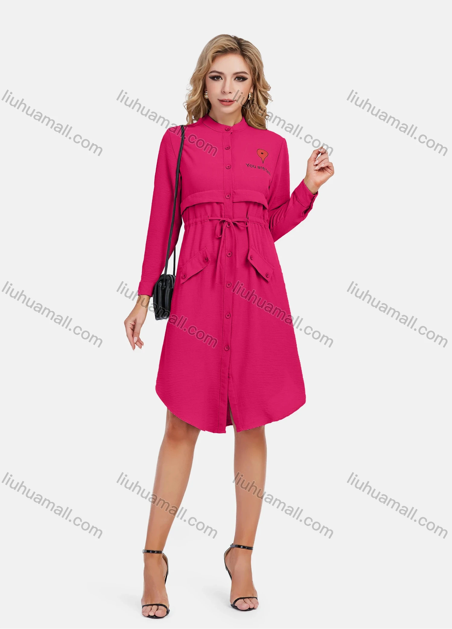 Wholesale Women's Casual Graphic A-Line Button Down Stand Collar Long Sleeve Short Shirt Dress With Belt - Liuhuamall