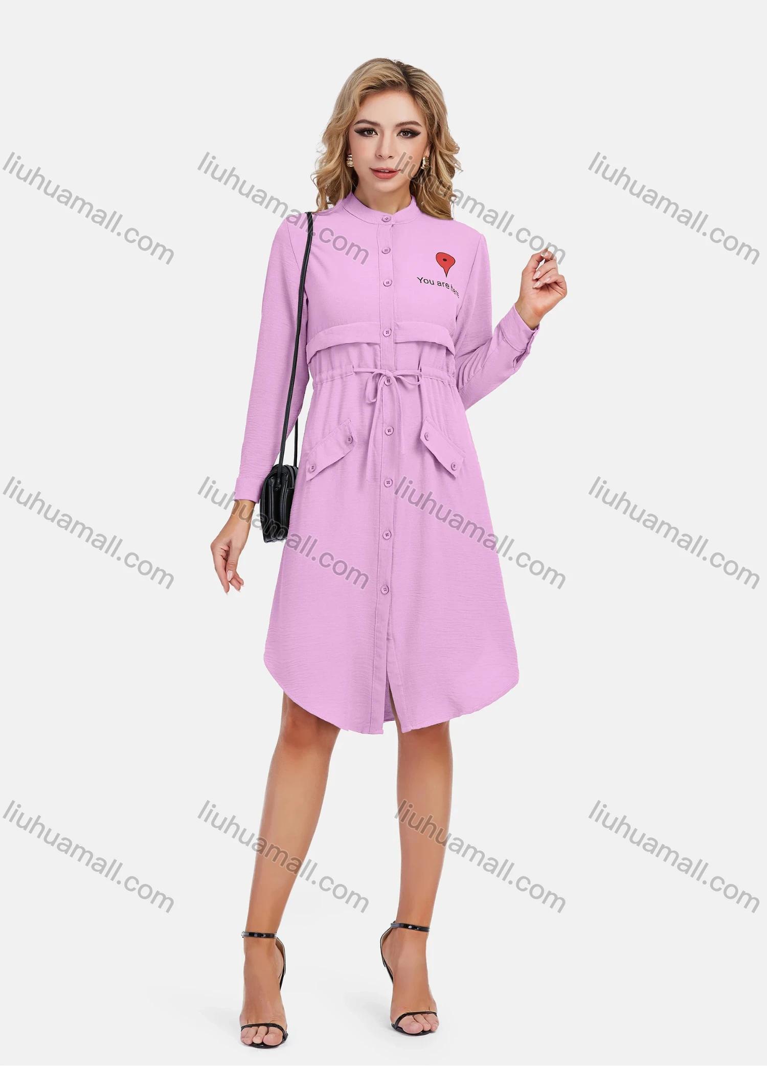 Wholesale Women's Casual Graphic A-Line Button Down Stand Collar Long Sleeve Short Shirt Dress With Belt - Liuhuamall