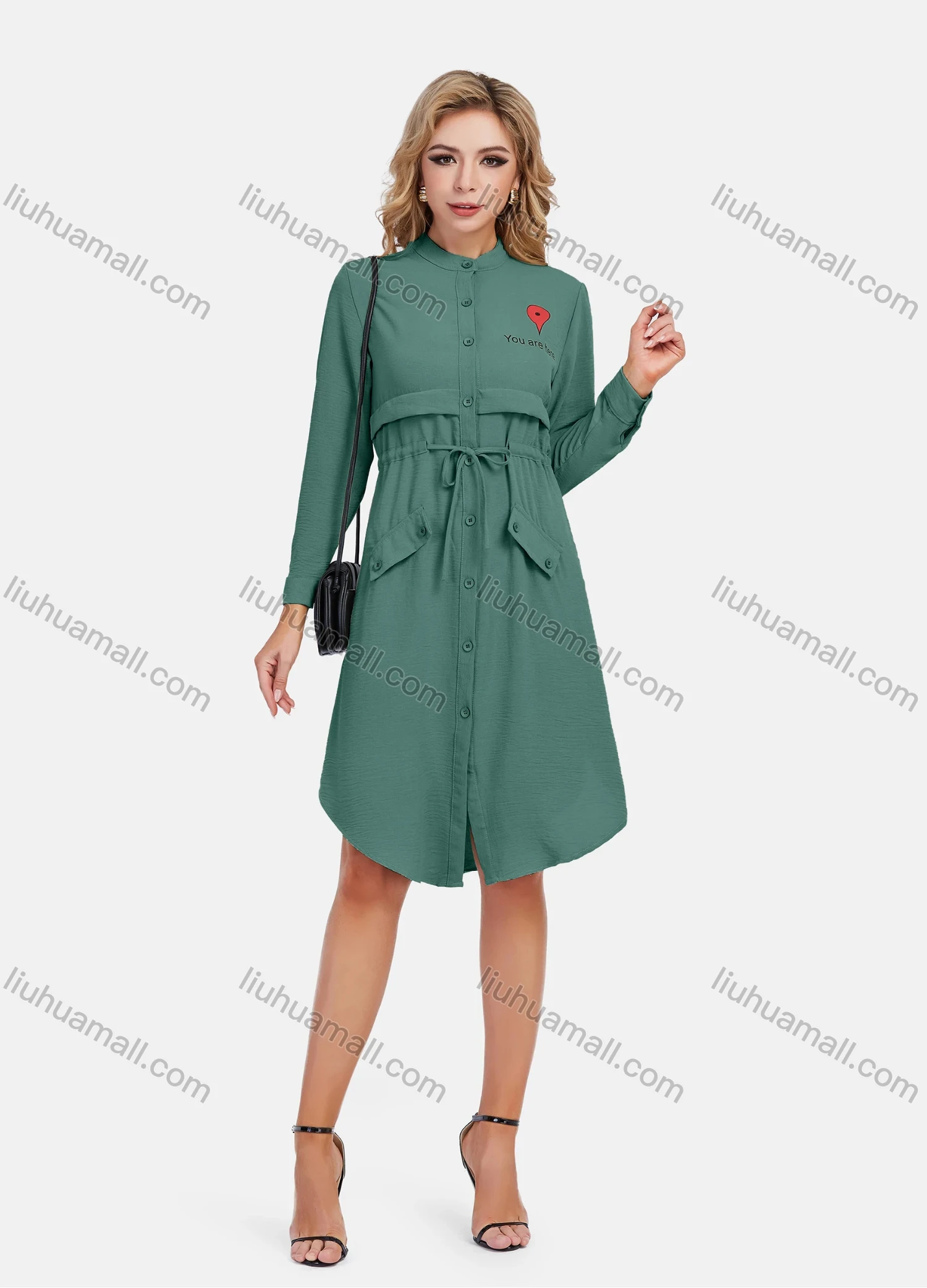Wholesale Women's Casual Graphic A-Line Button Down Stand Collar Long Sleeve Short Shirt Dress With Belt - Liuhuamall