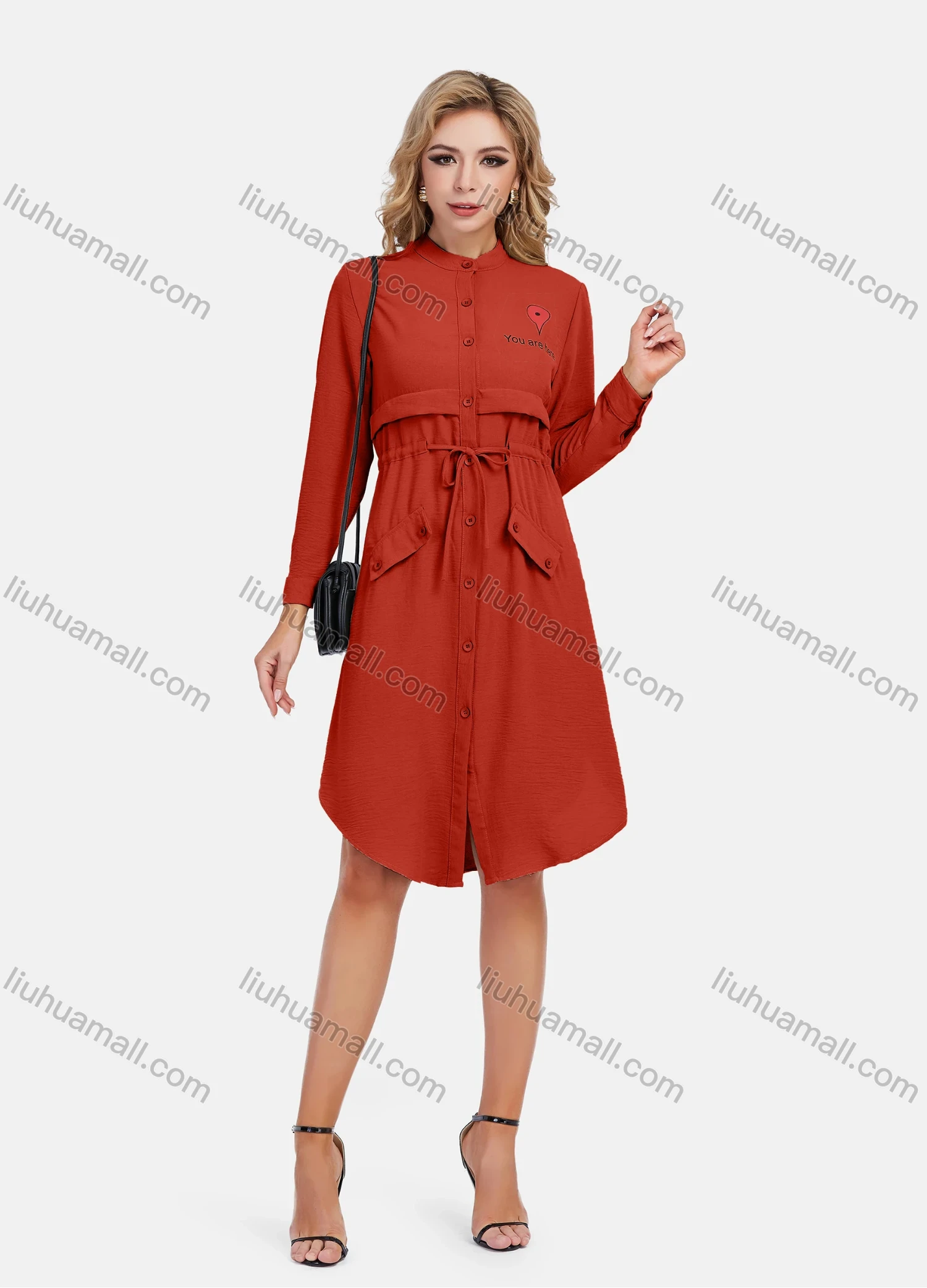 Wholesale Women's Casual Graphic A-Line Button Down Stand Collar Long Sleeve Short Shirt Dress With Belt - Liuhuamall