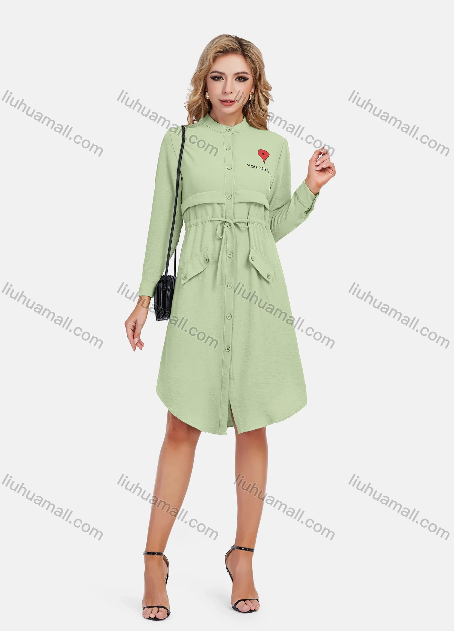 Wholesale Women's Casual Graphic A-Line Button Down Stand Collar Long Sleeve Short Shirt Dress With Belt - Liuhuamall