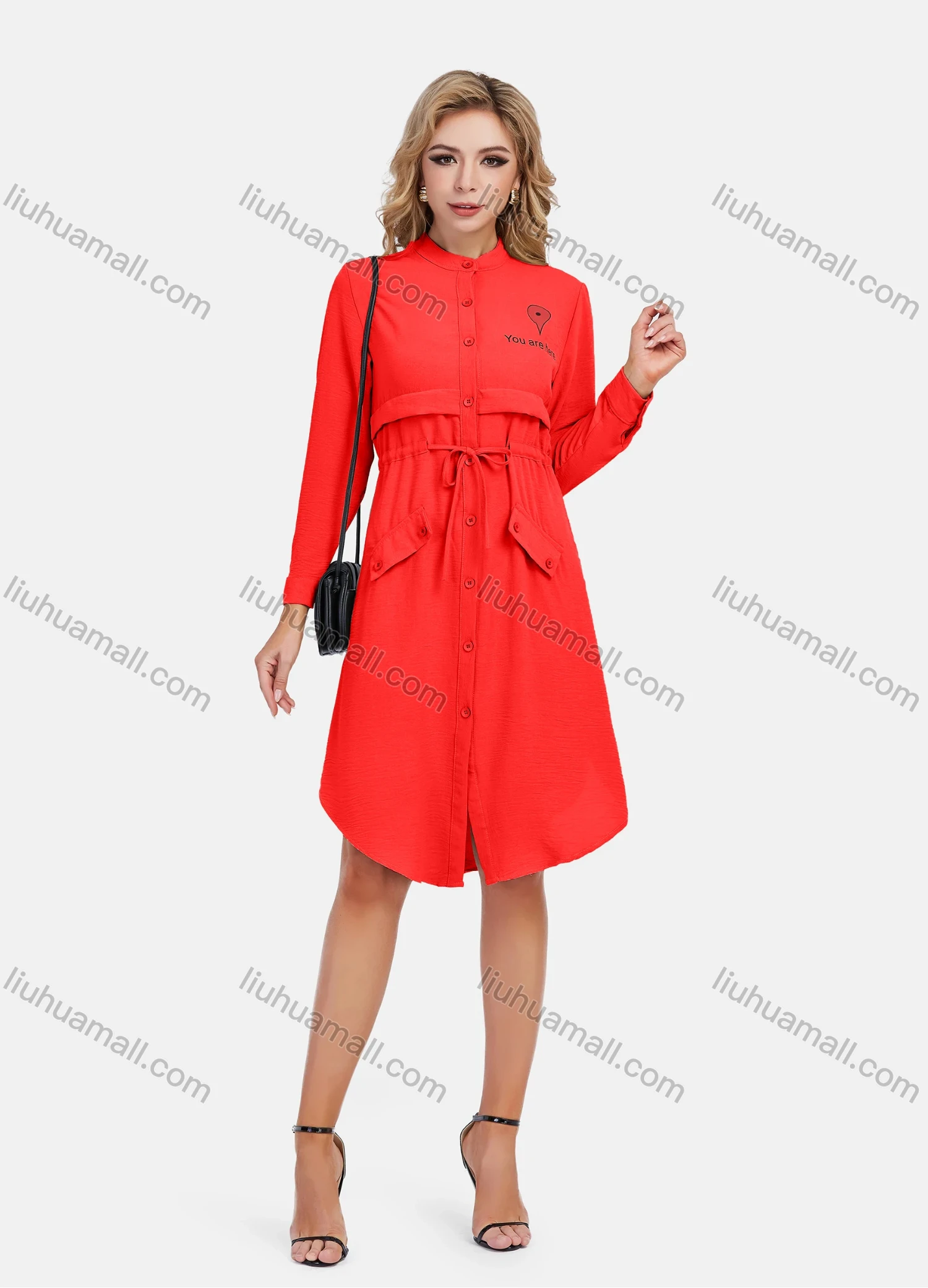 Wholesale Women's Casual Graphic A-Line Button Down Stand Collar Long Sleeve Short Shirt Dress With Belt - Liuhuamall
