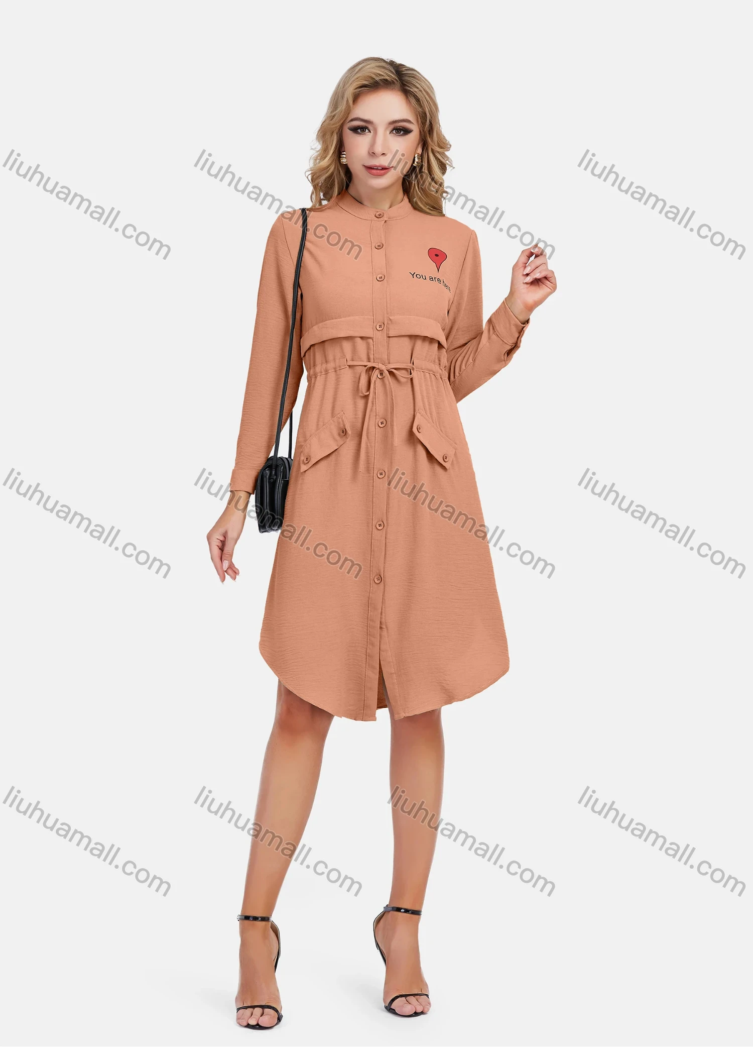 Wholesale Women's Casual Graphic A-Line Button Down Stand Collar Long Sleeve Short Shirt Dress With Belt - Liuhuamall