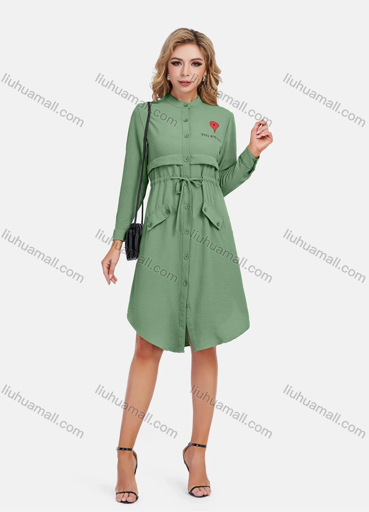 Wholesale Women's Casual Graphic A-Line Button Down Stand Collar Long Sleeve Short Shirt Dress With Belt - Liuhuamall