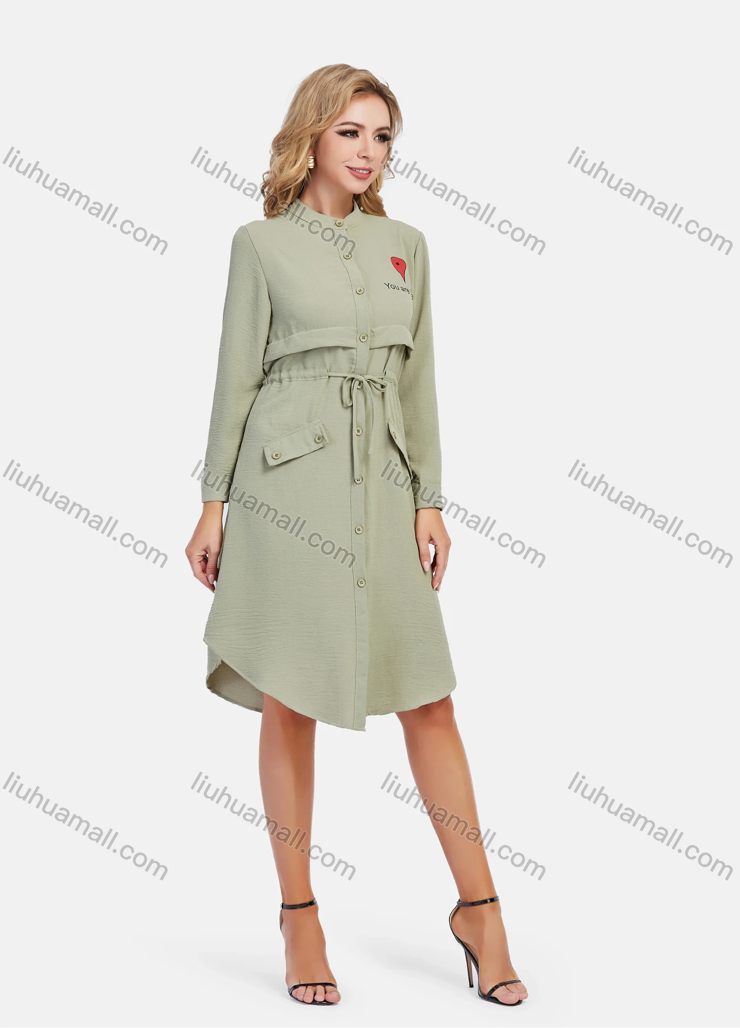 Wholesale Women's Casual Graphic A-Line Button Down Stand Collar Long Sleeve Short Shirt Dress With Belt - Liuhuamall