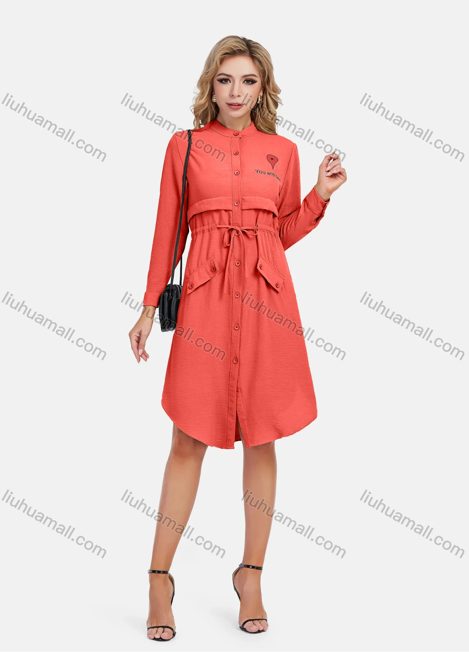 Wholesale Women's Casual Graphic A-Line Button Down Stand Collar Long Sleeve Short Shirt Dress With Belt - Liuhuamall