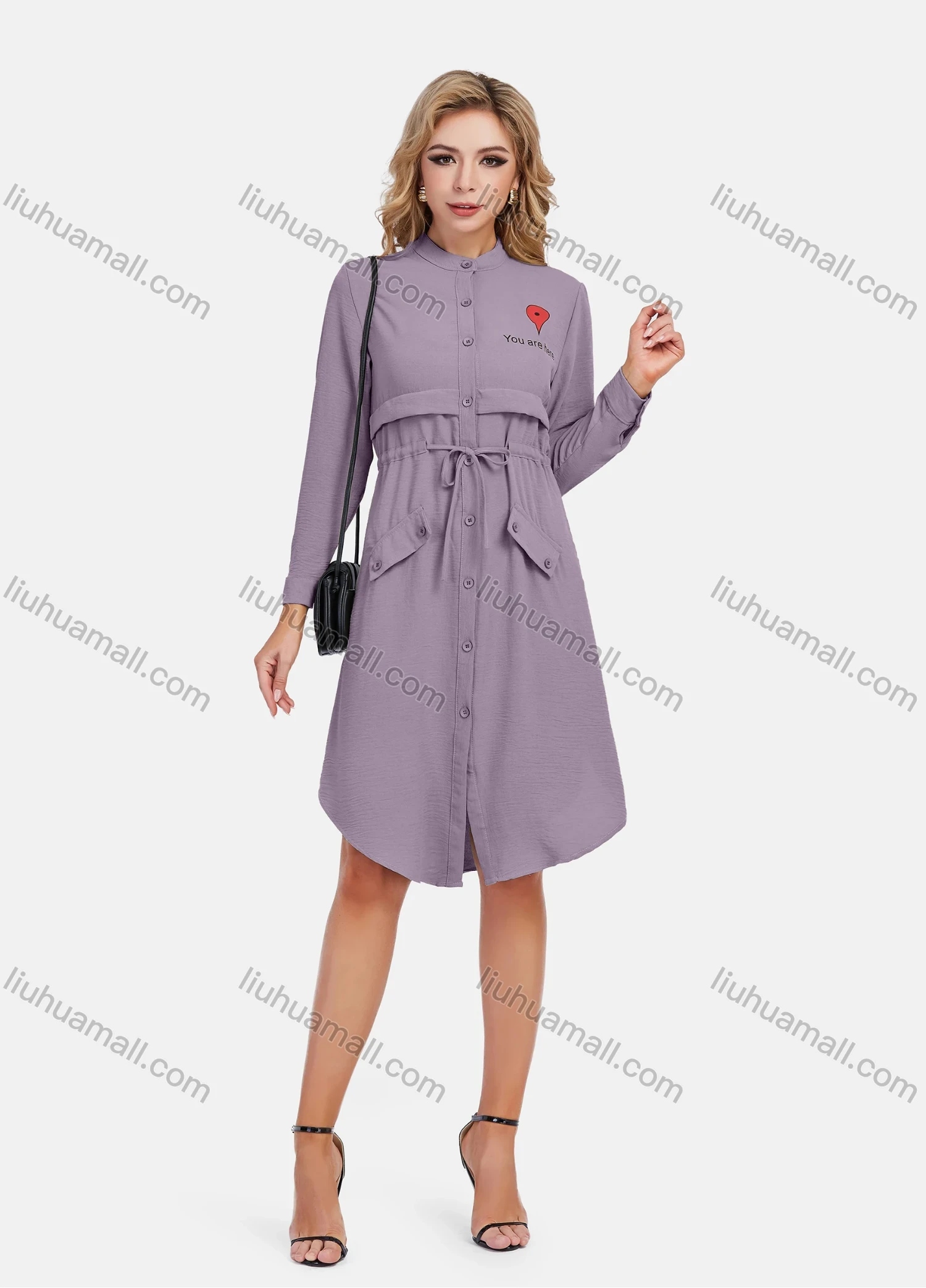 Wholesale Women's Casual Graphic A-Line Button Down Stand Collar Long Sleeve Short Shirt Dress With Belt - Liuhuamall