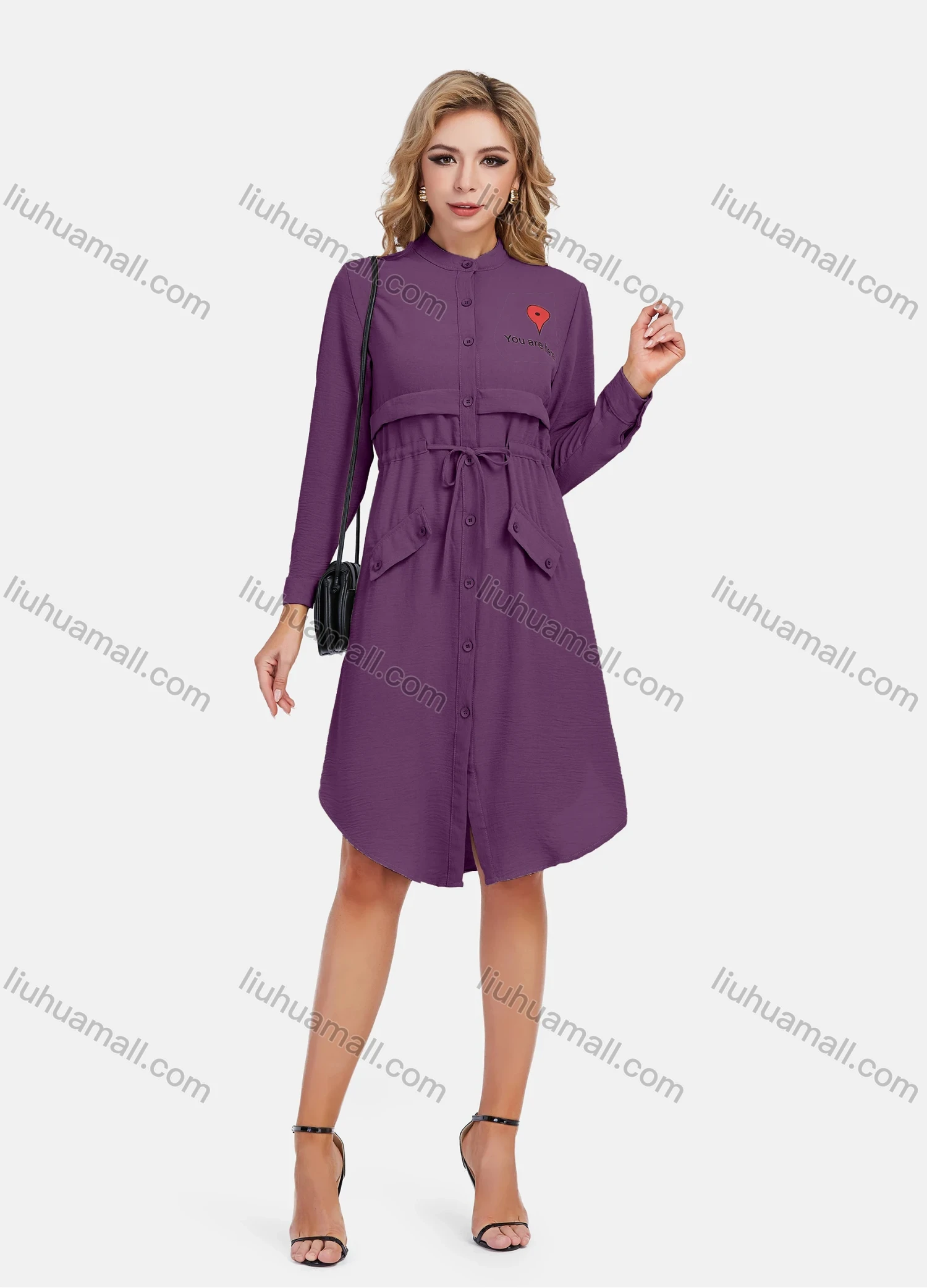 Wholesale Women's Casual Graphic A-Line Button Down Stand Collar Long Sleeve Short Shirt Dress With Belt - Liuhuamall