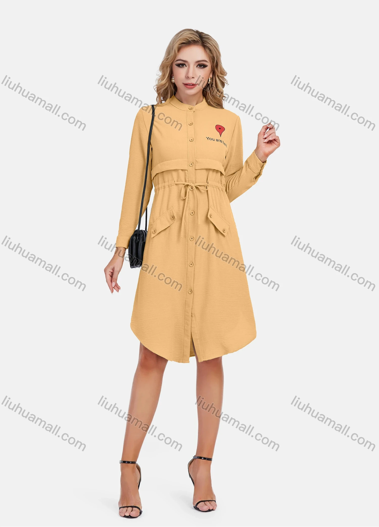 Wholesale Women's Casual Graphic A-Line Button Down Stand Collar Long Sleeve Short Shirt Dress With Belt - Liuhuamall