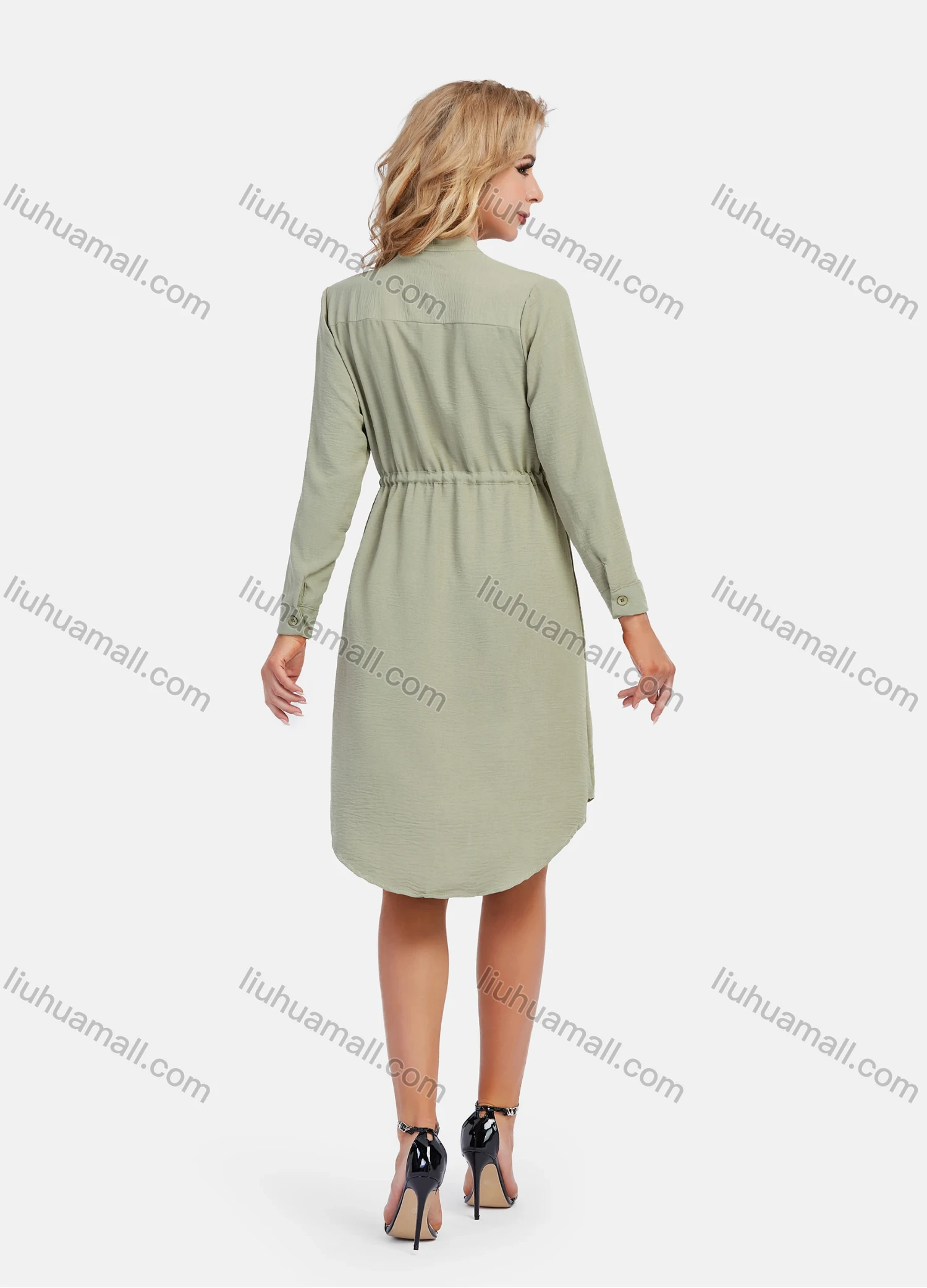 Wholesale Women's Casual Graphic A-Line Button Down Stand Collar Long Sleeve Short Shirt Dress With Belt - Liuhuamall