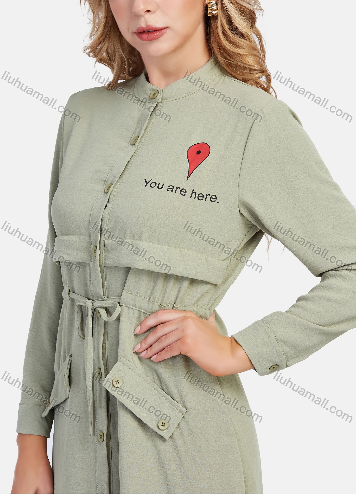 Wholesale Women's Casual Graphic A-Line Button Down Stand Collar Long Sleeve Short Shirt Dress With Belt - Liuhuamall