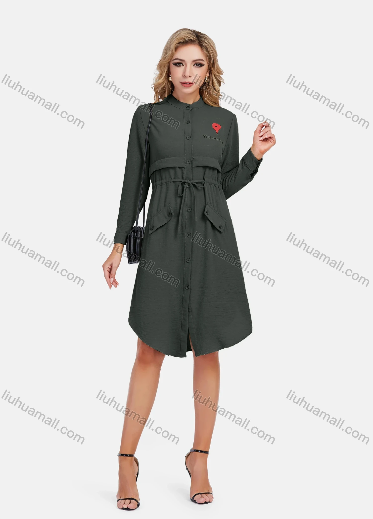 Wholesale Women's Casual Graphic A-Line Button Down Stand Collar Long Sleeve Short Shirt Dress With Belt - Liuhuamall