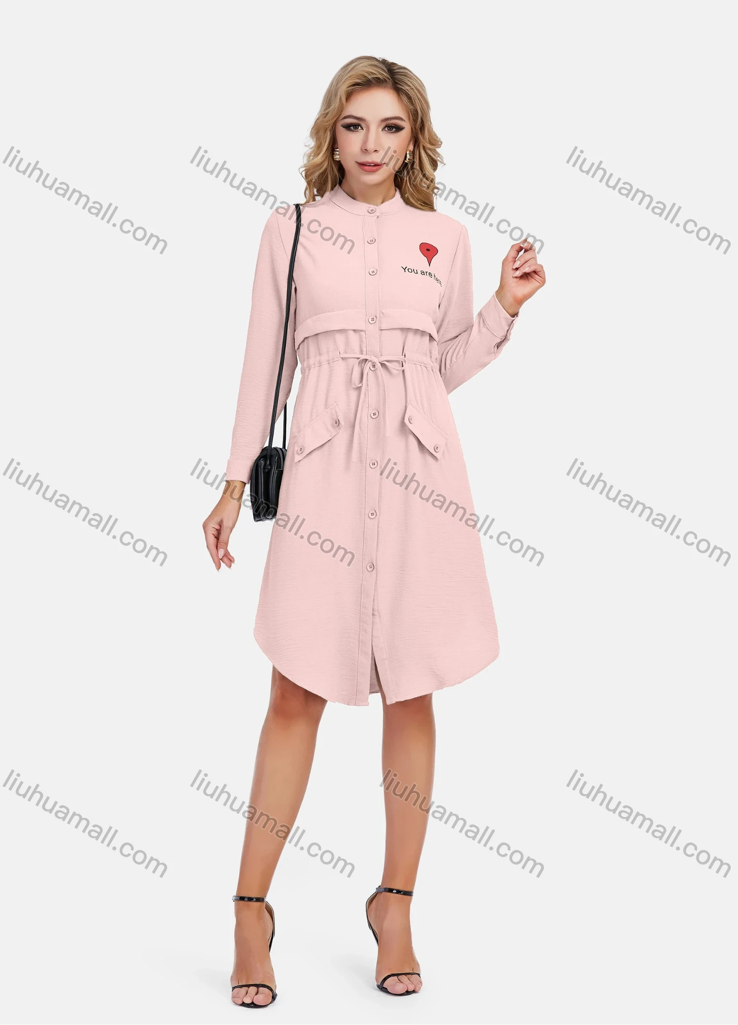 Wholesale Women's Casual Graphic A-Line Button Down Stand Collar Long Sleeve Short Shirt Dress With Belt - Liuhuamall
