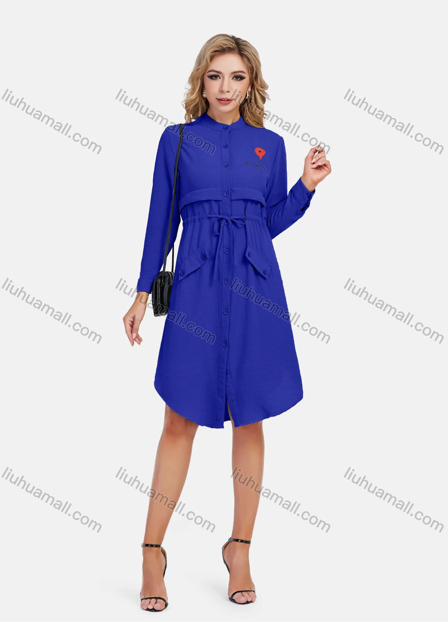 Wholesale Women's Casual Graphic A-Line Button Down Stand Collar Long Sleeve Short Shirt Dress With Belt - Liuhuamall