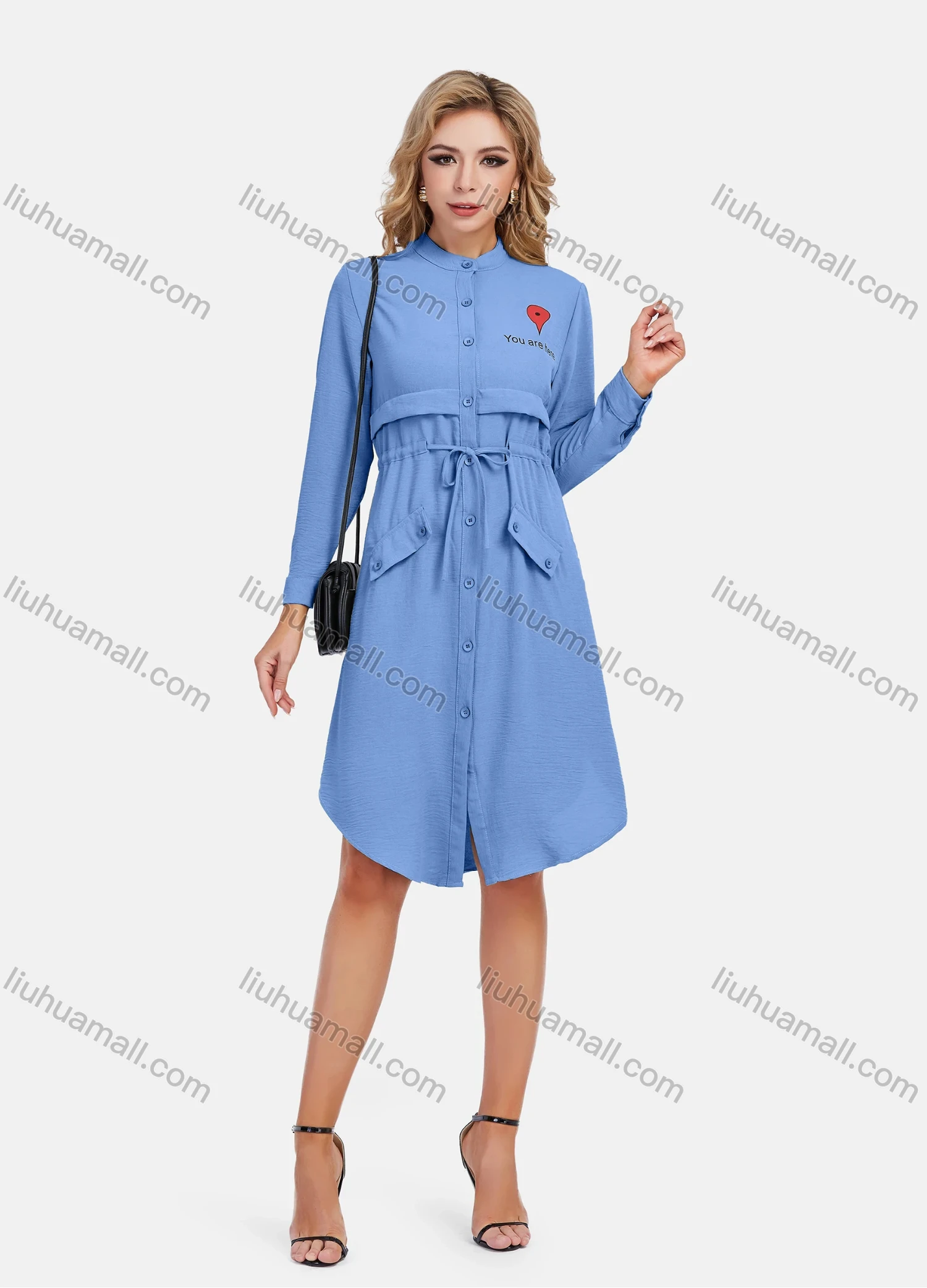 Wholesale Women's Casual Graphic A-Line Button Down Stand Collar Long Sleeve Short Shirt Dress With Belt - Liuhuamall