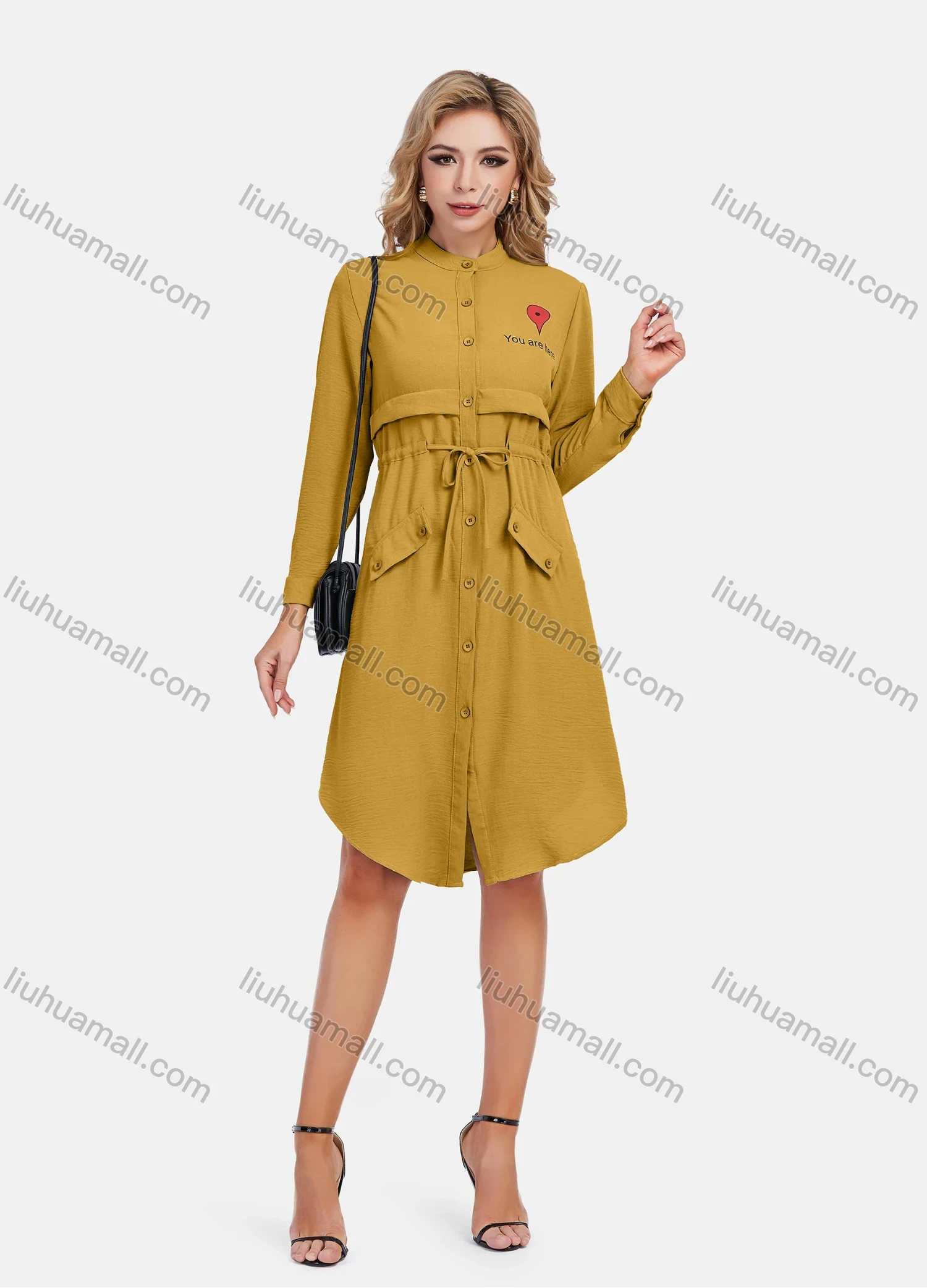 Wholesale Women's Casual Graphic A-Line Button Down Stand Collar Long Sleeve Short Shirt Dress With Belt - Liuhuamall