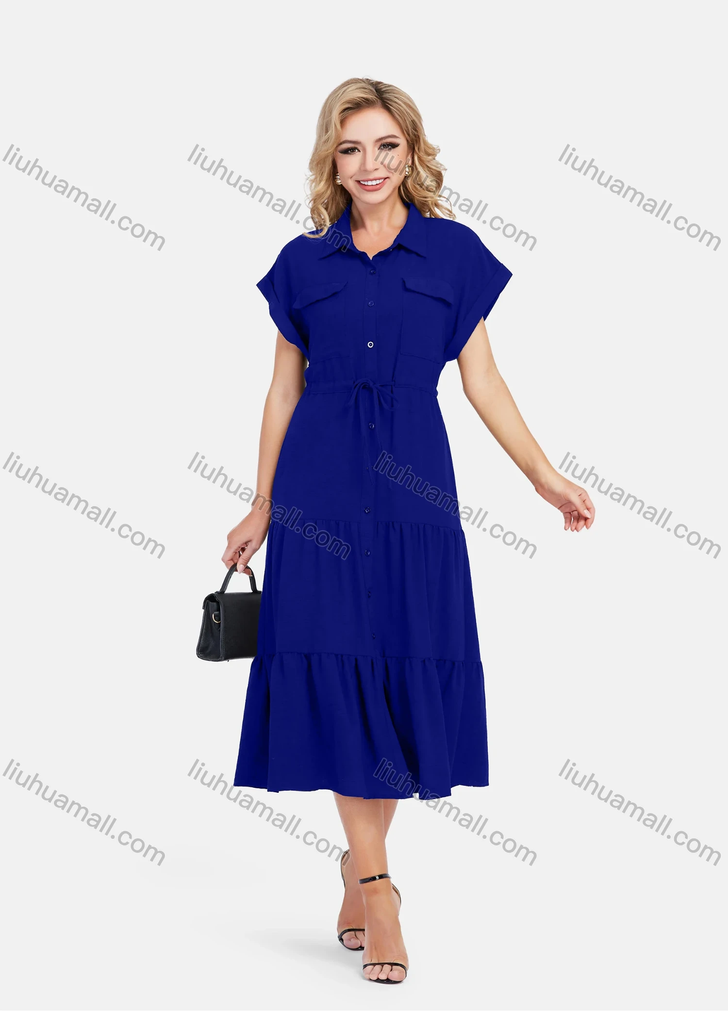 Wholesale Women's Casual Plain Butterfly Sleeve Button Front Drawstring Midi Shirt Dress - Liuhuamall