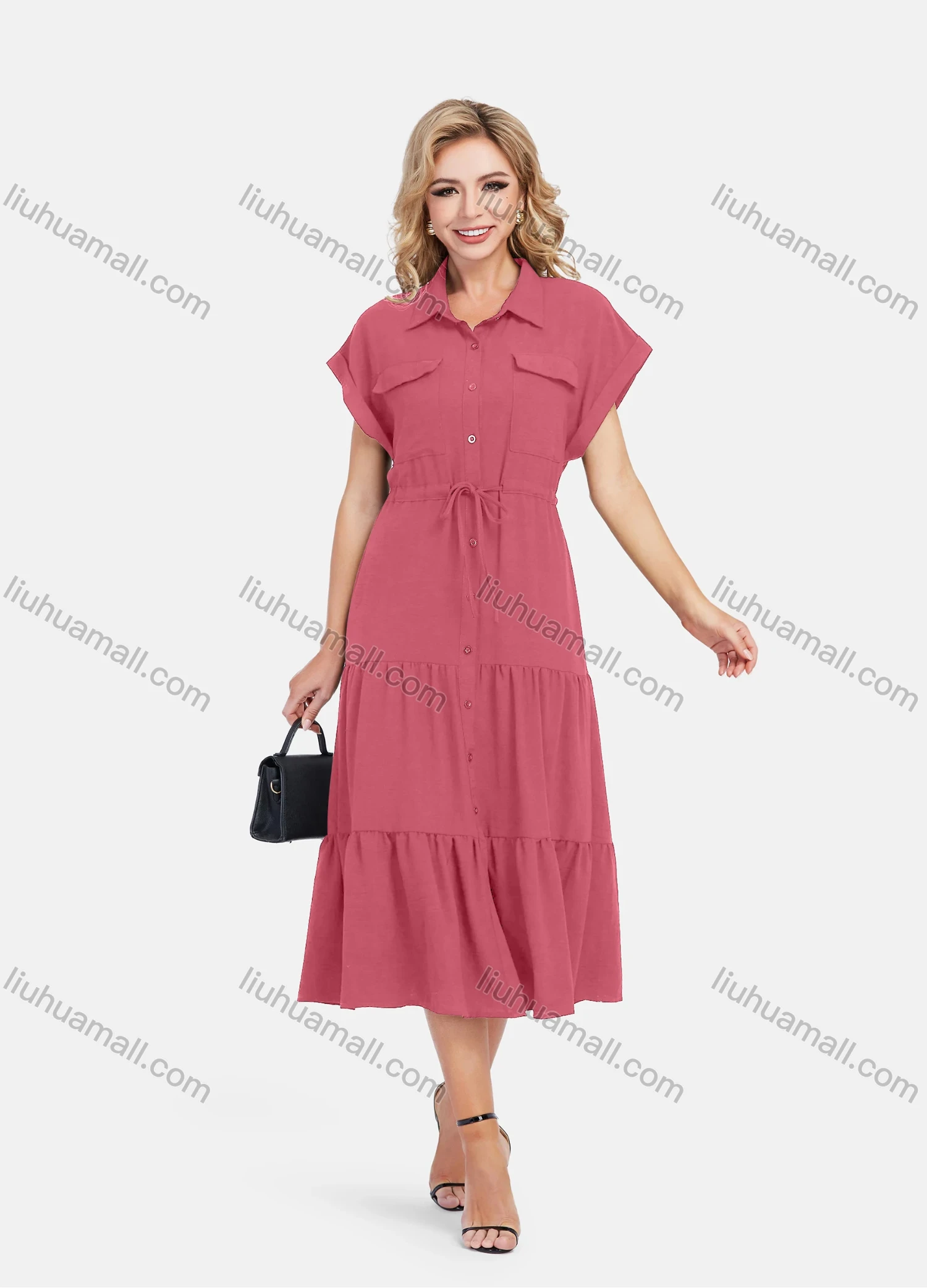 Wholesale Women's Casual Plain Butterfly Sleeve Button Front Drawstring Midi Shirt Dress - Liuhuamall