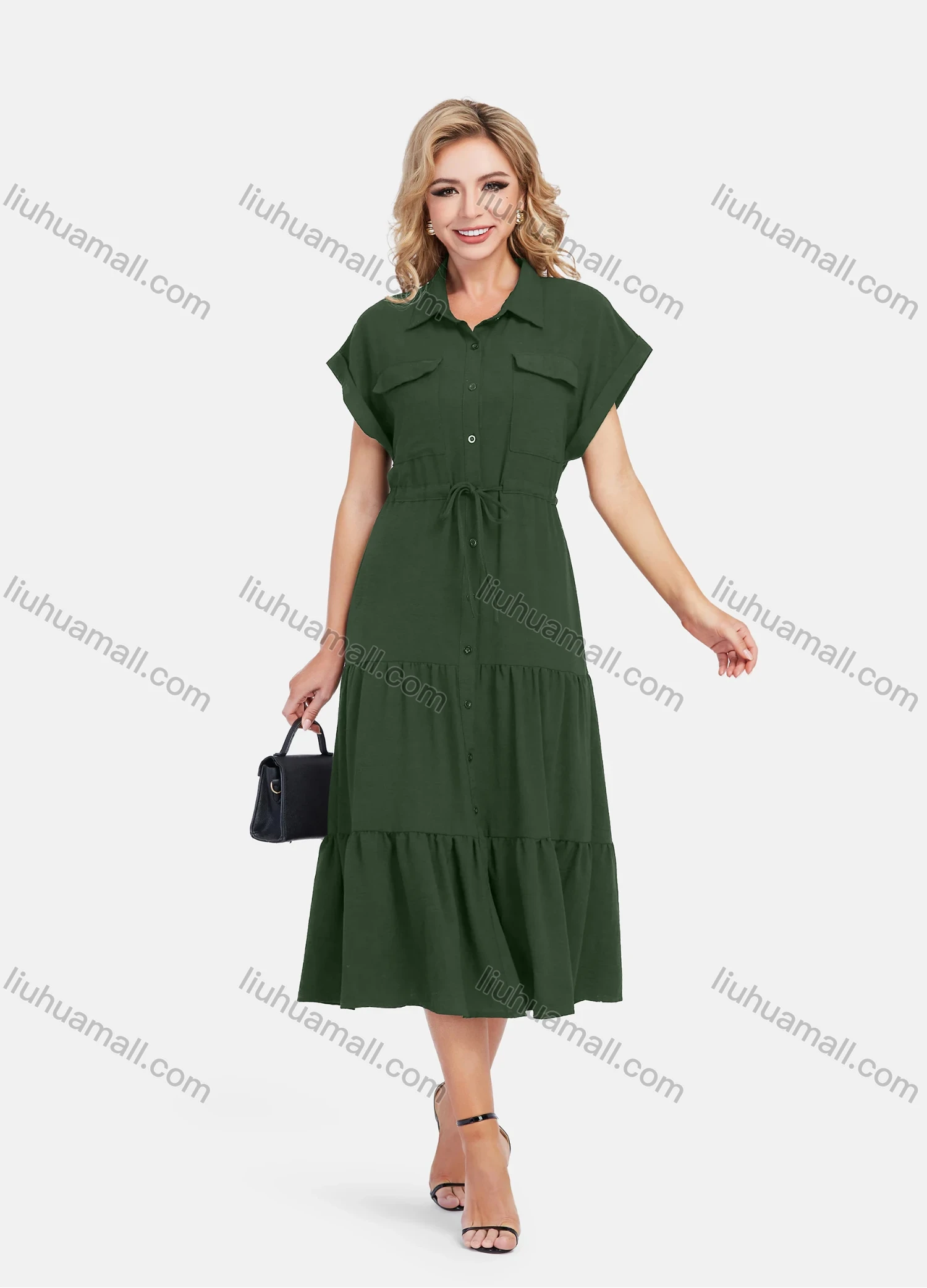 Wholesale Women's Casual Plain Butterfly Sleeve Button Front Drawstring Midi Shirt Dress - Liuhuamall