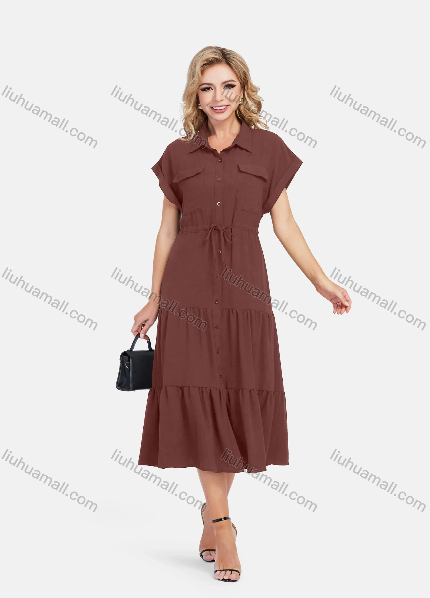 Wholesale Women's Casual Plain Butterfly Sleeve Button Front Drawstring Midi Shirt Dress - Liuhuamall