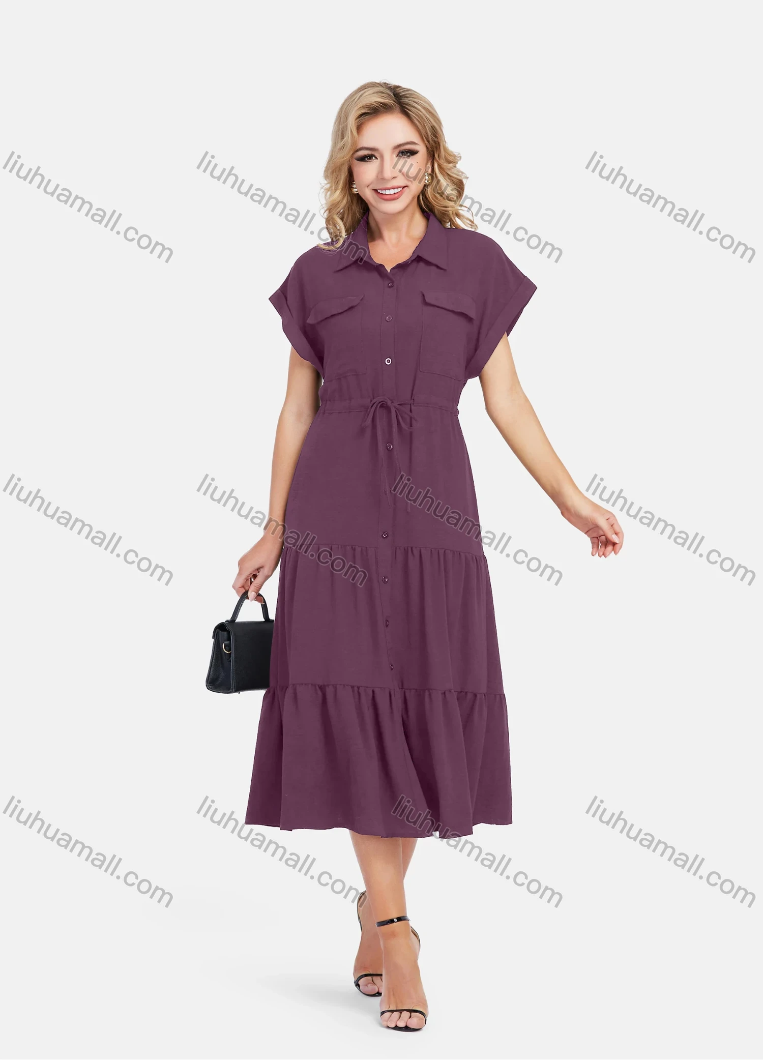 Wholesale Women's Casual Plain Butterfly Sleeve Button Front Drawstring Midi Shirt Dress - Liuhuamall