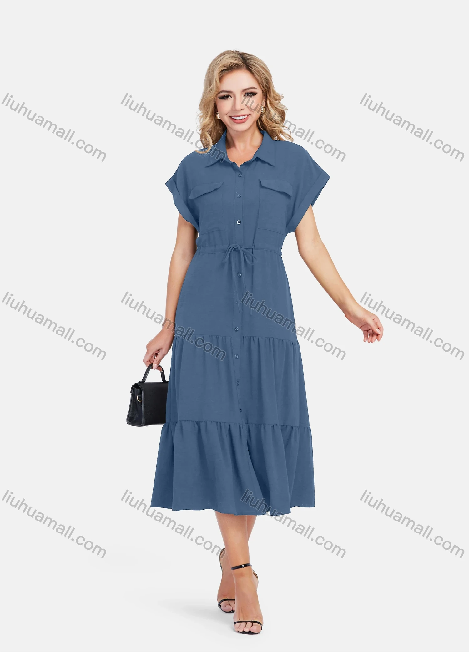 Wholesale Women's Casual Plain Butterfly Sleeve Button Front Drawstring Midi Shirt Dress - Liuhuamall