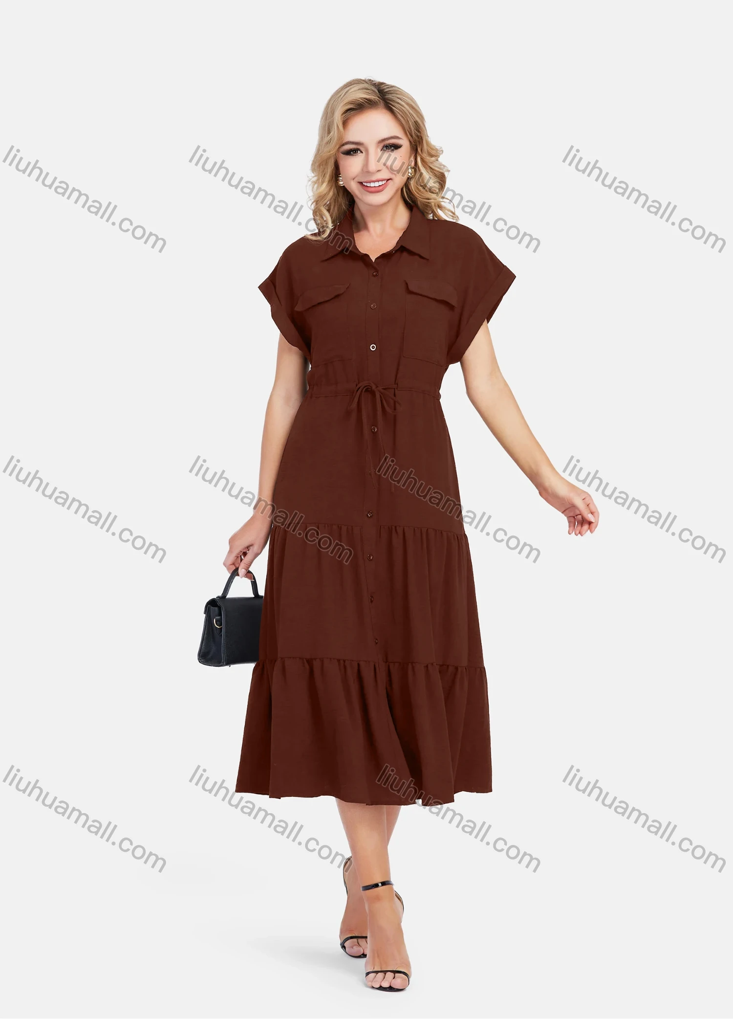 Wholesale Women's Casual Plain Butterfly Sleeve Button Front Drawstring Midi Shirt Dress - Liuhuamall