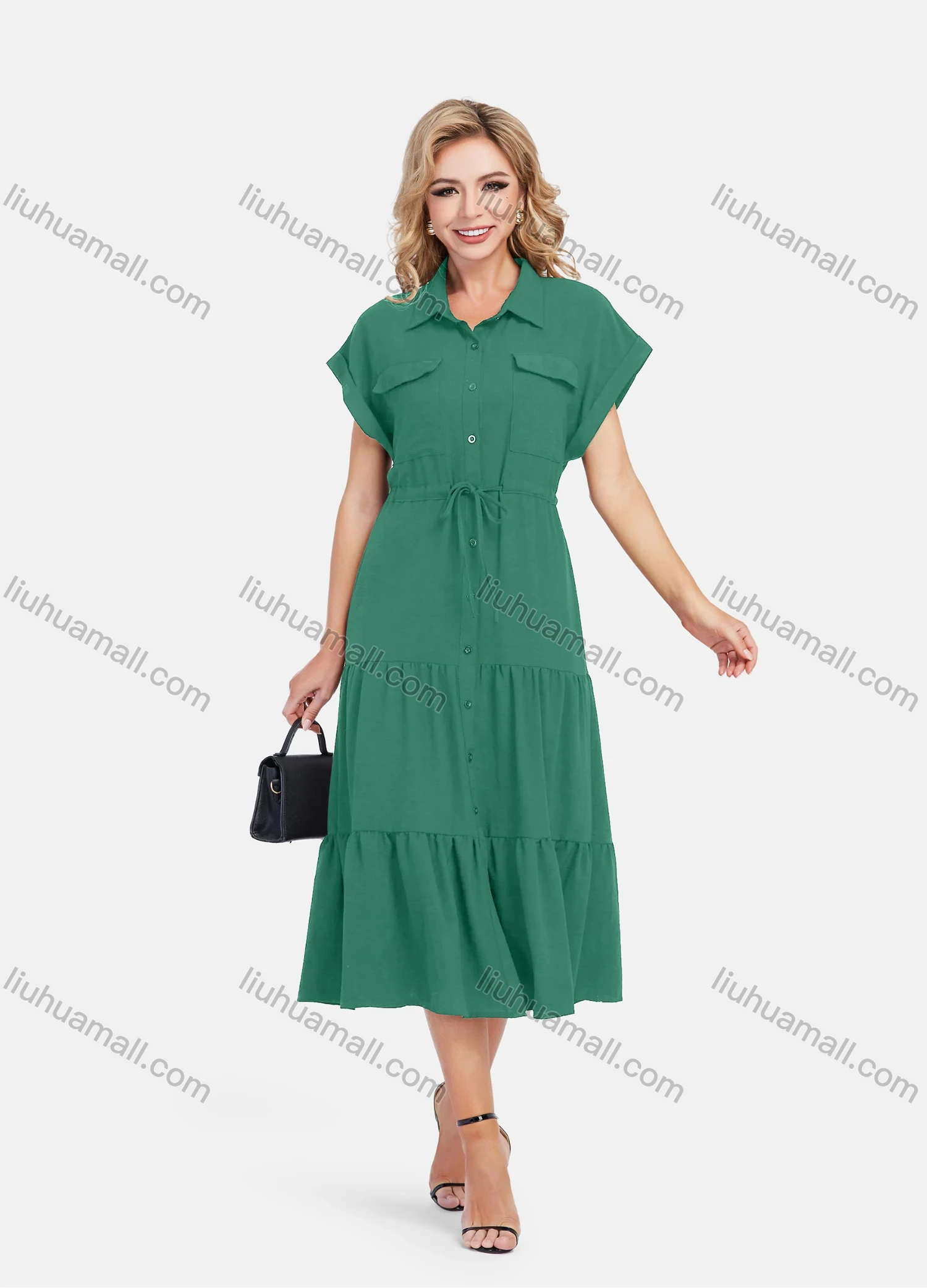 Wholesale Women's Casual Plain Butterfly Sleeve Button Front Drawstring Midi Shirt Dress - Liuhuamall