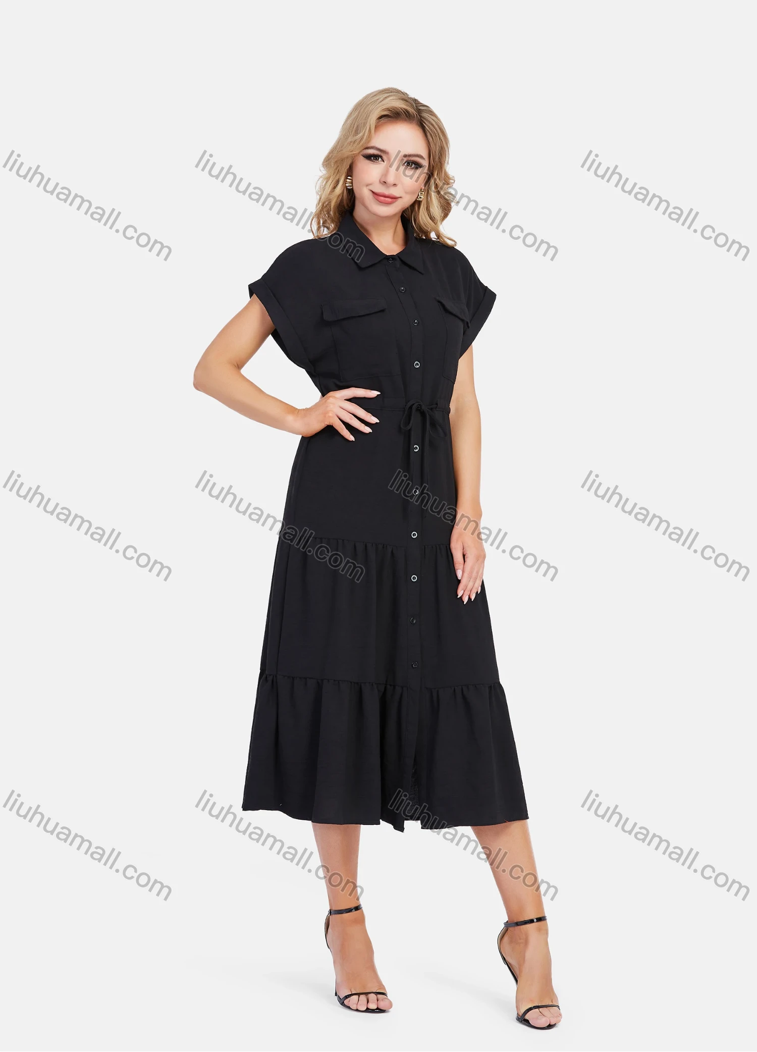 Wholesale Women's Casual Plain Butterfly Sleeve Button Front Drawstring Midi Shirt Dress - Liuhuamall