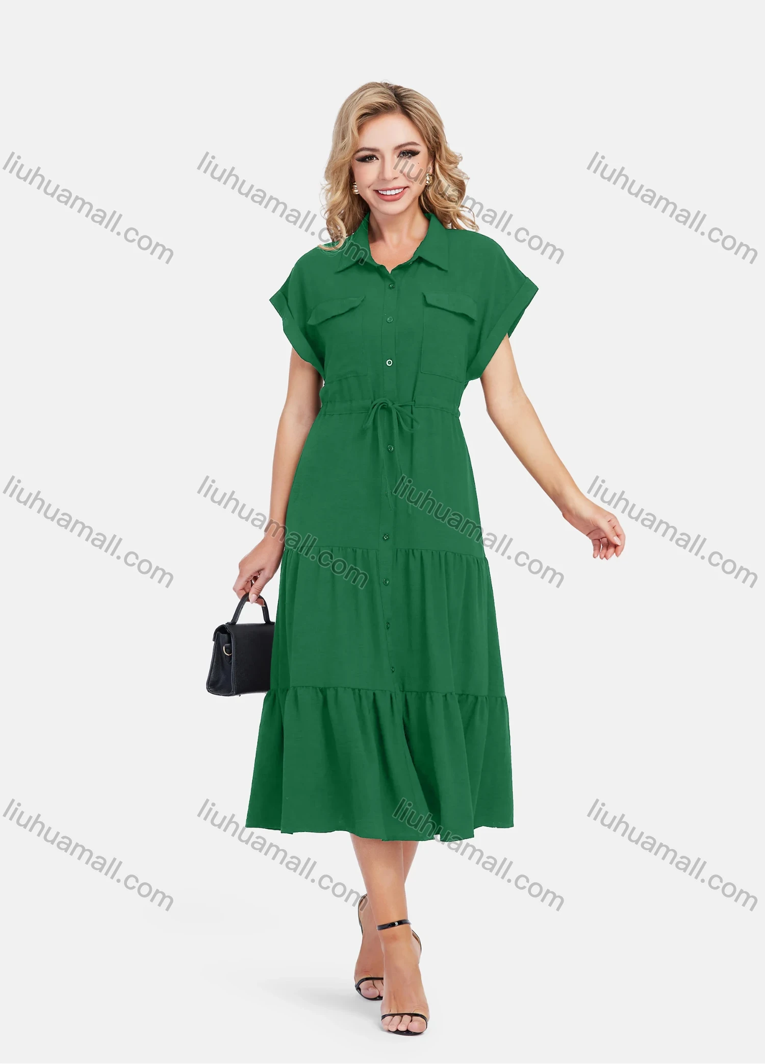 Wholesale Women's Casual Plain Butterfly Sleeve Button Front Drawstring Midi Shirt Dress - Liuhuamall