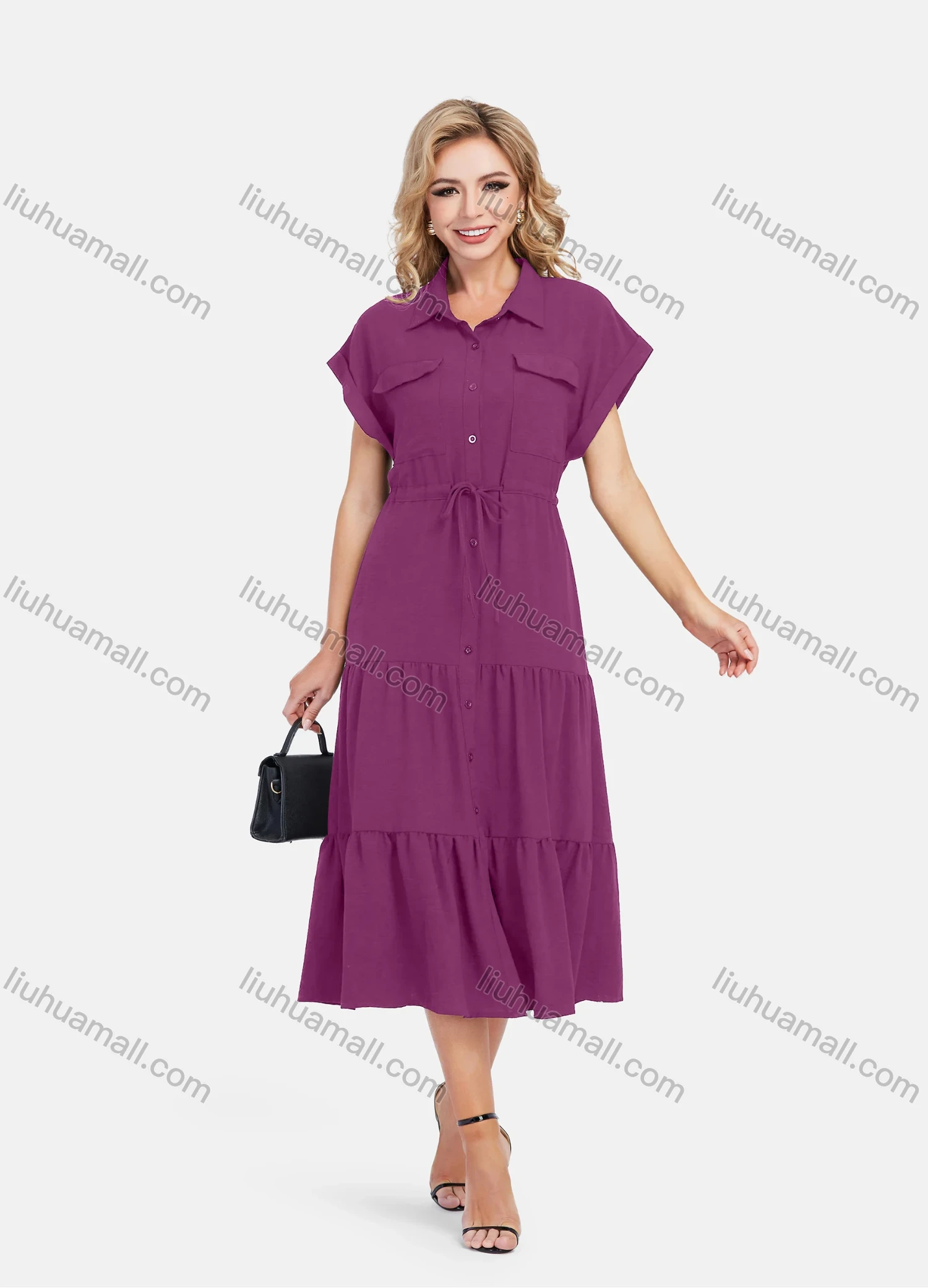 Wholesale Women's Casual Plain Butterfly Sleeve Button Front Drawstring Midi Shirt Dress - Liuhuamall