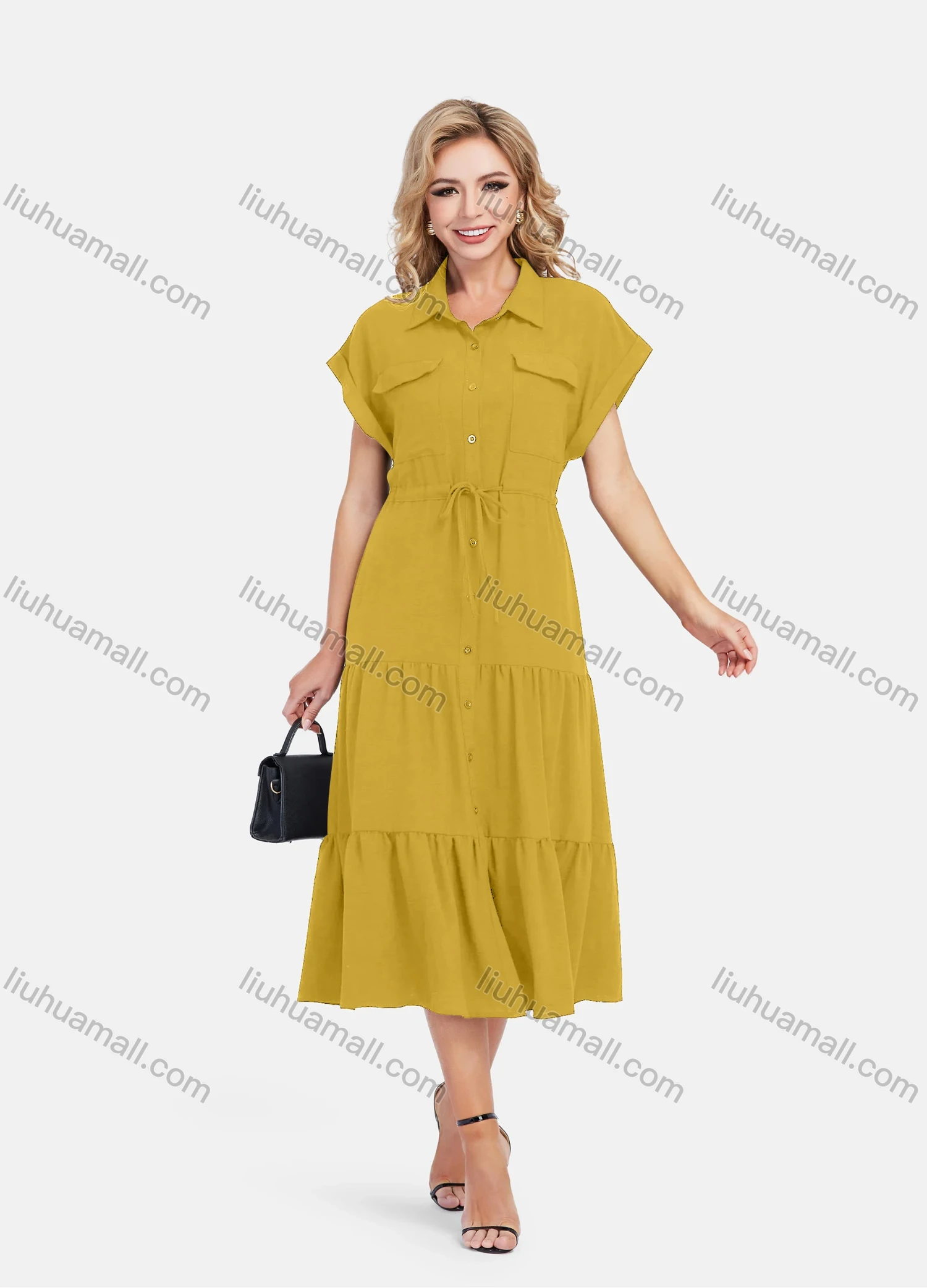 Wholesale Women's Casual Plain Butterfly Sleeve Button Front Drawstring Midi Shirt Dress - Liuhuamall