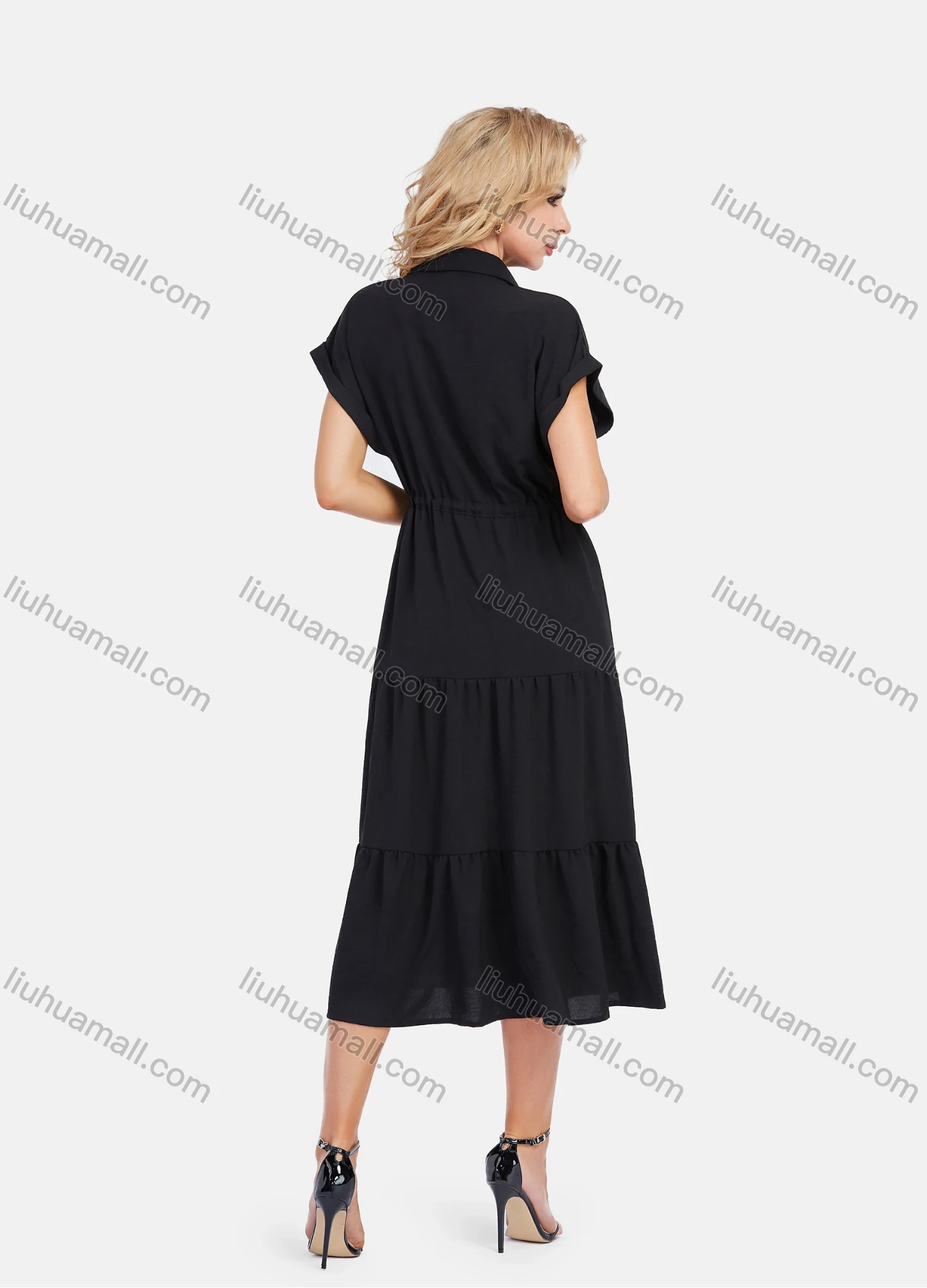 Wholesale Women's Casual Plain Butterfly Sleeve Button Front Drawstring Midi Shirt Dress - Liuhuamall