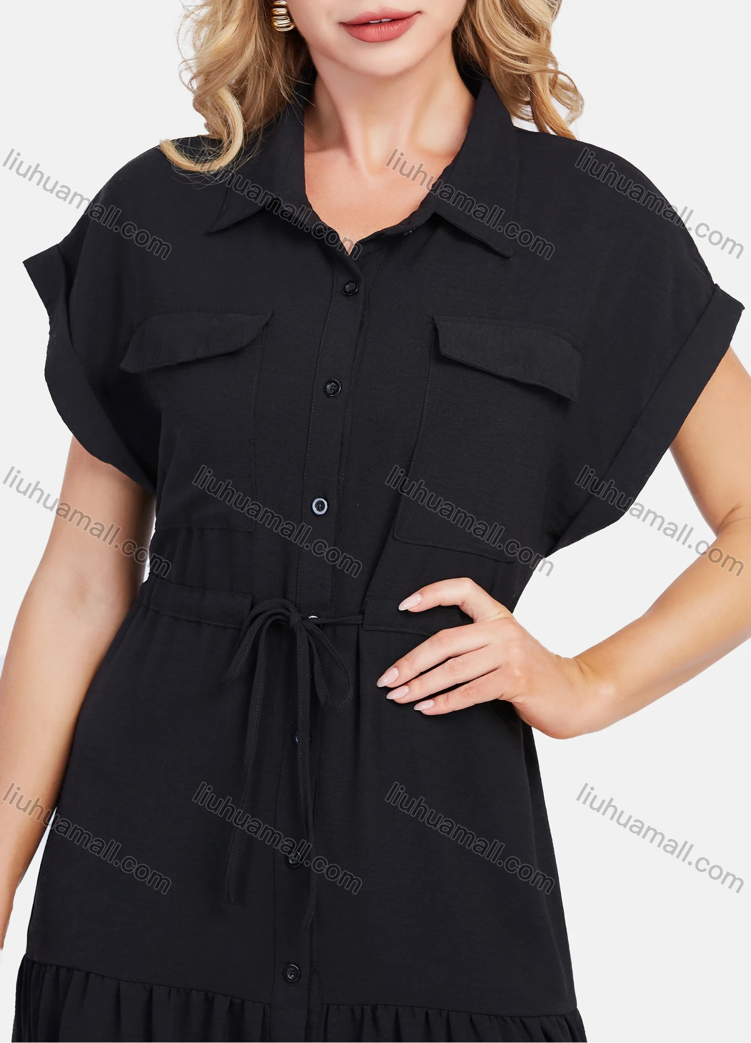 Wholesale Women's Casual Plain Butterfly Sleeve Button Front Drawstring Midi Shirt Dress - Liuhuamall