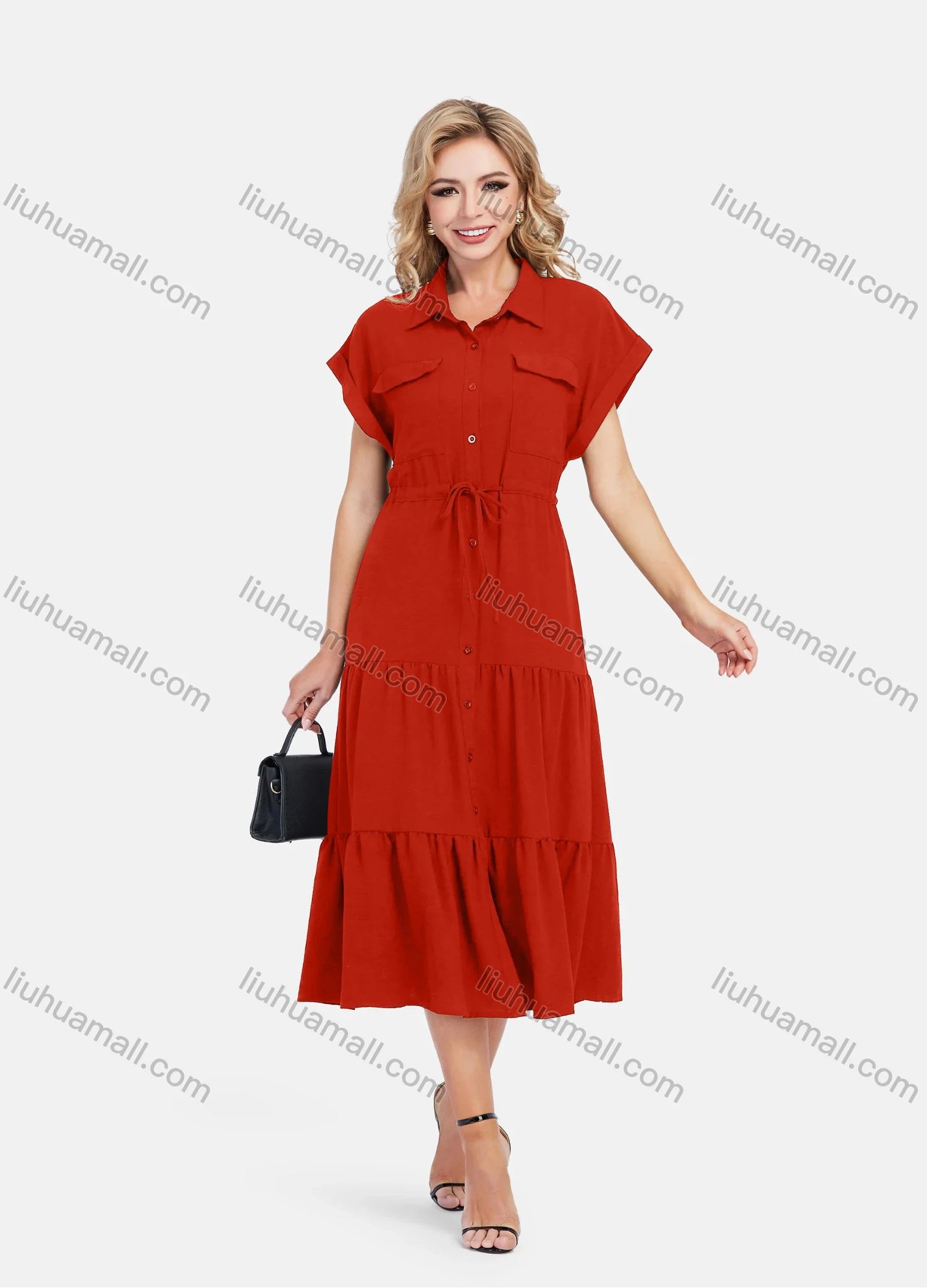 Wholesale Women's Casual Plain Butterfly Sleeve Button Front Drawstring Midi Shirt Dress - Liuhuamall