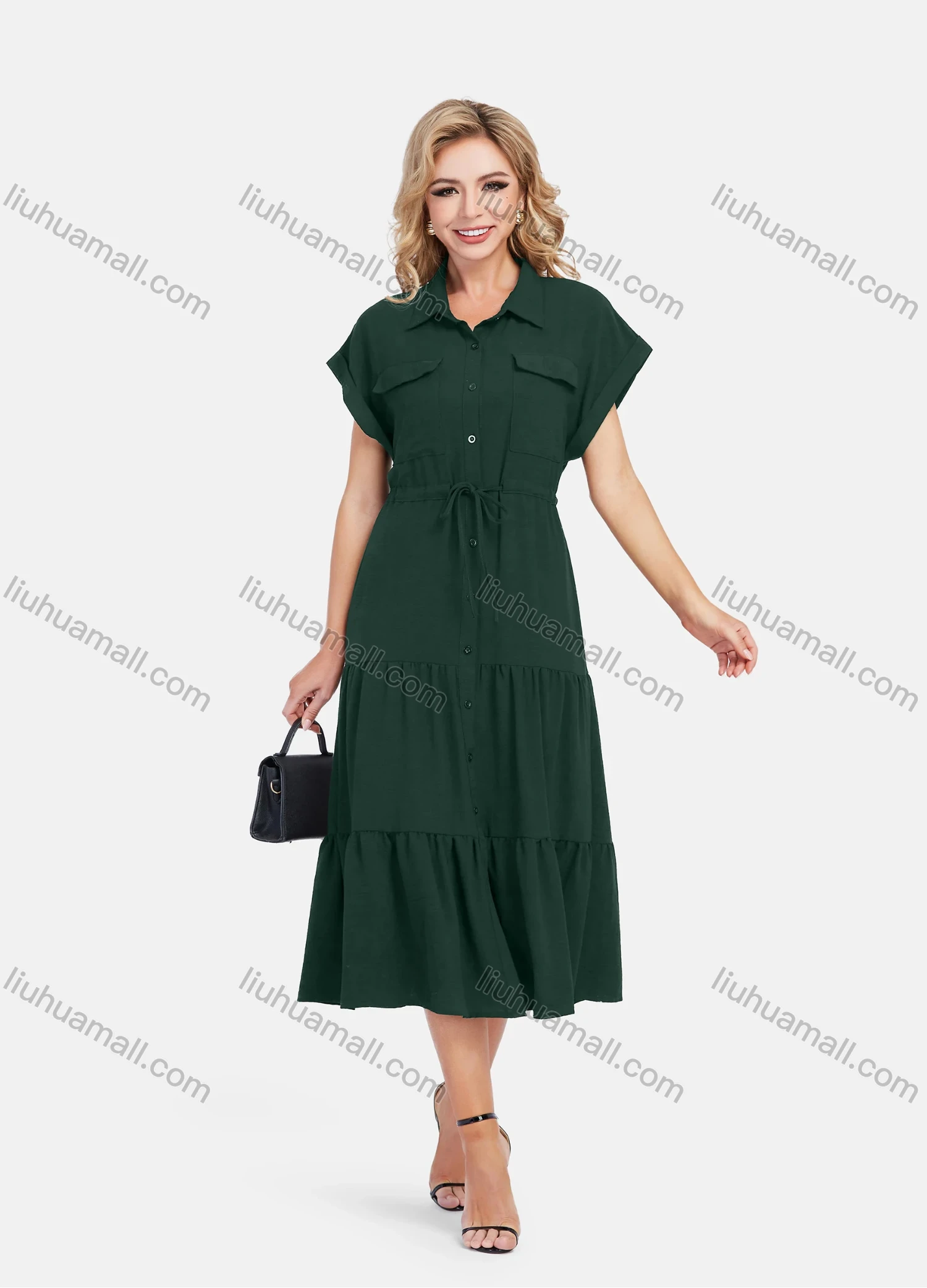 Wholesale Women's Casual Plain Butterfly Sleeve Button Front Drawstring Midi Shirt Dress - Liuhuamall