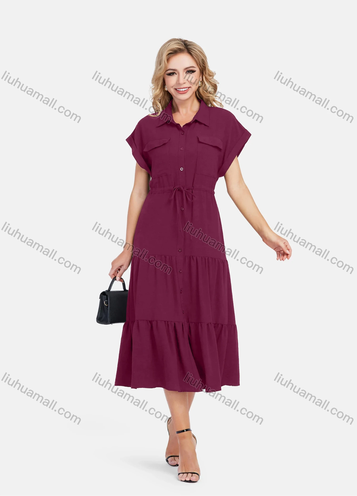 Wholesale Women's Casual Plain Butterfly Sleeve Button Front Drawstring Midi Shirt Dress - Liuhuamall