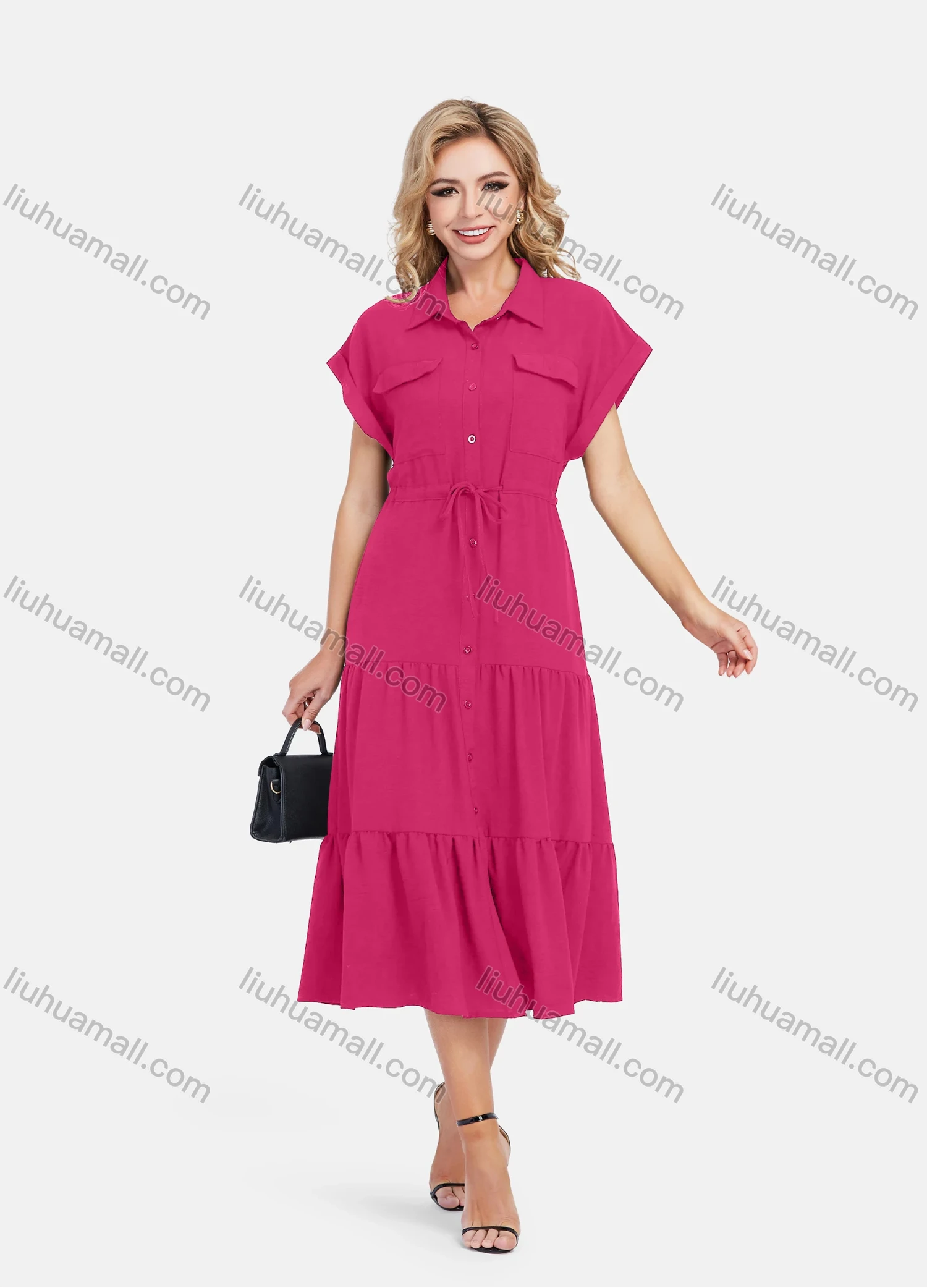 Wholesale Women's Casual Plain Butterfly Sleeve Button Front Drawstring Midi Shirt Dress - Liuhuamall