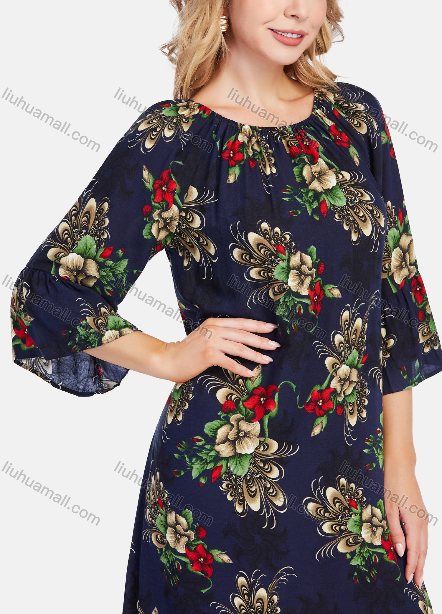 Wholesale Women's Elegant Frill Neck 3/4 Sleeve Floral Print Ruffle Hem Knee Length Dress With Belt - Liuhuamall