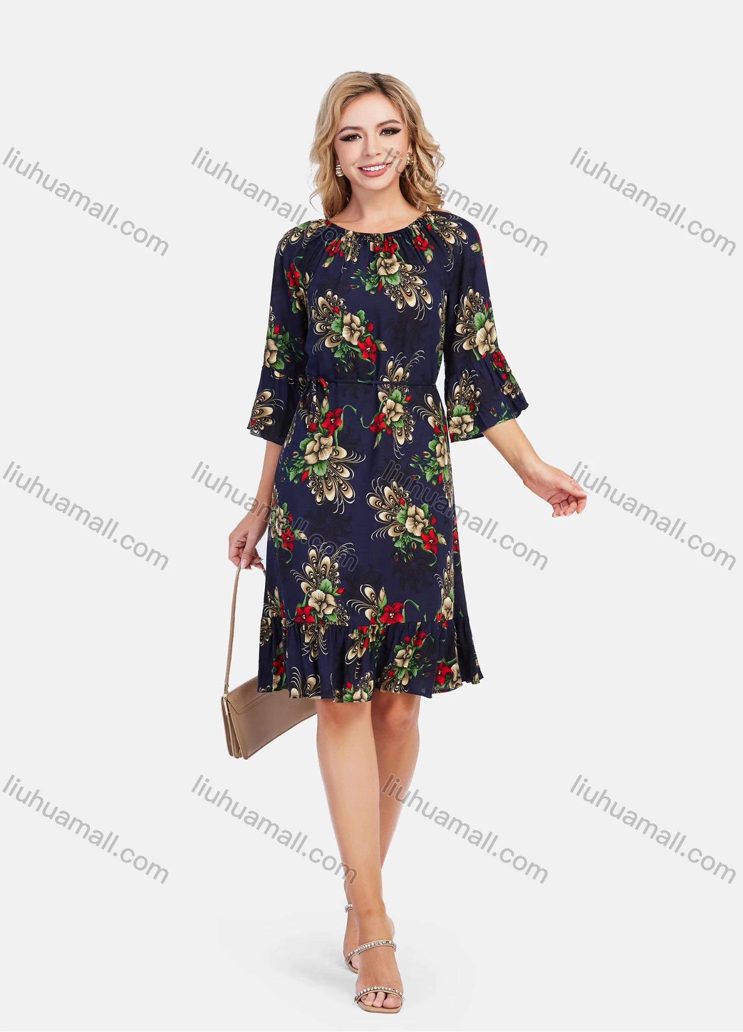 Wholesale Women's Elegant Frill Neck 3/4 Sleeve Floral Print Ruffle Hem Knee Length Dress With Belt - Liuhuamall